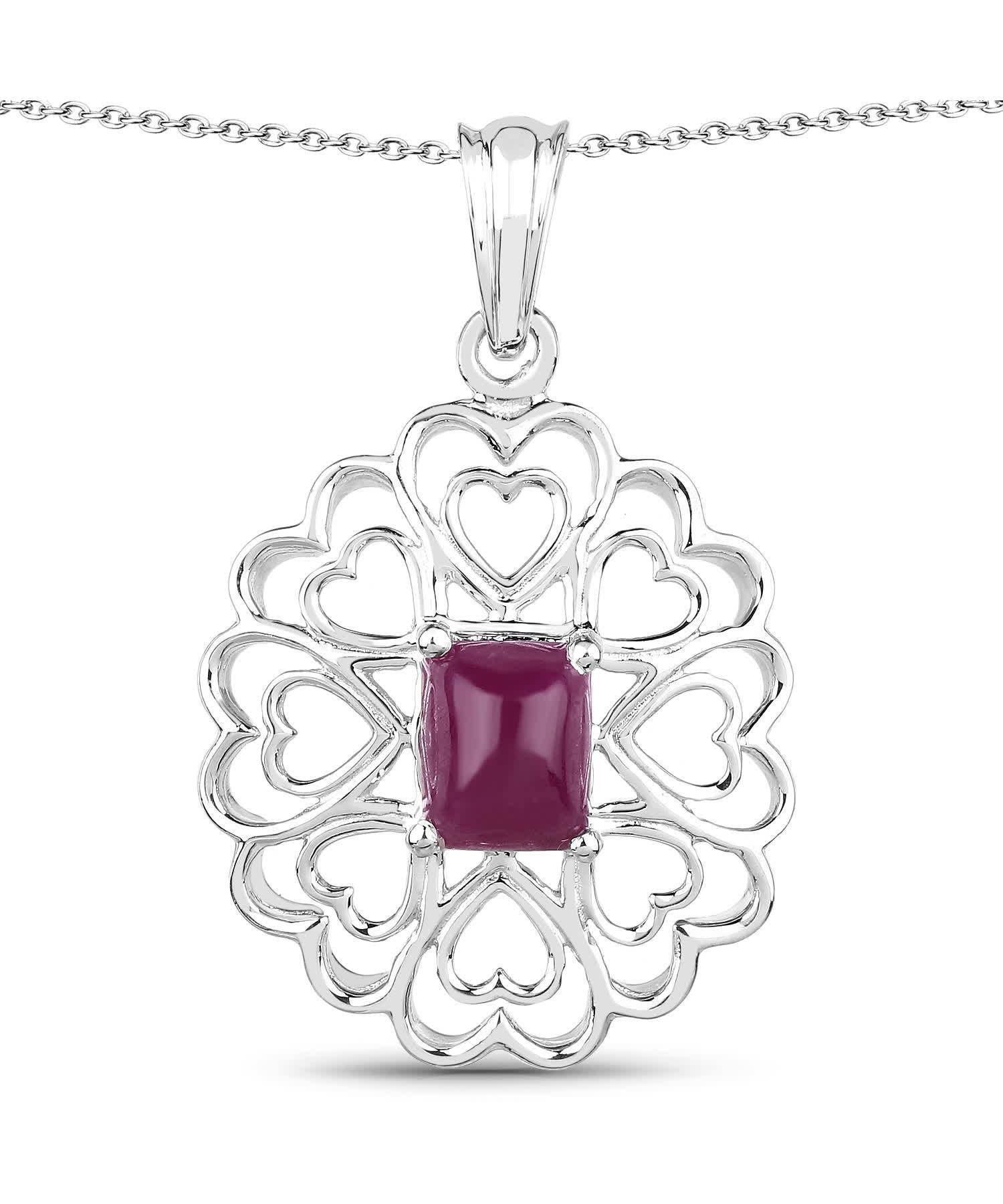 3.48ctw Natural Ruby Rhodium Plated 925 Sterling Silver Heart Pendant With Chain View 1