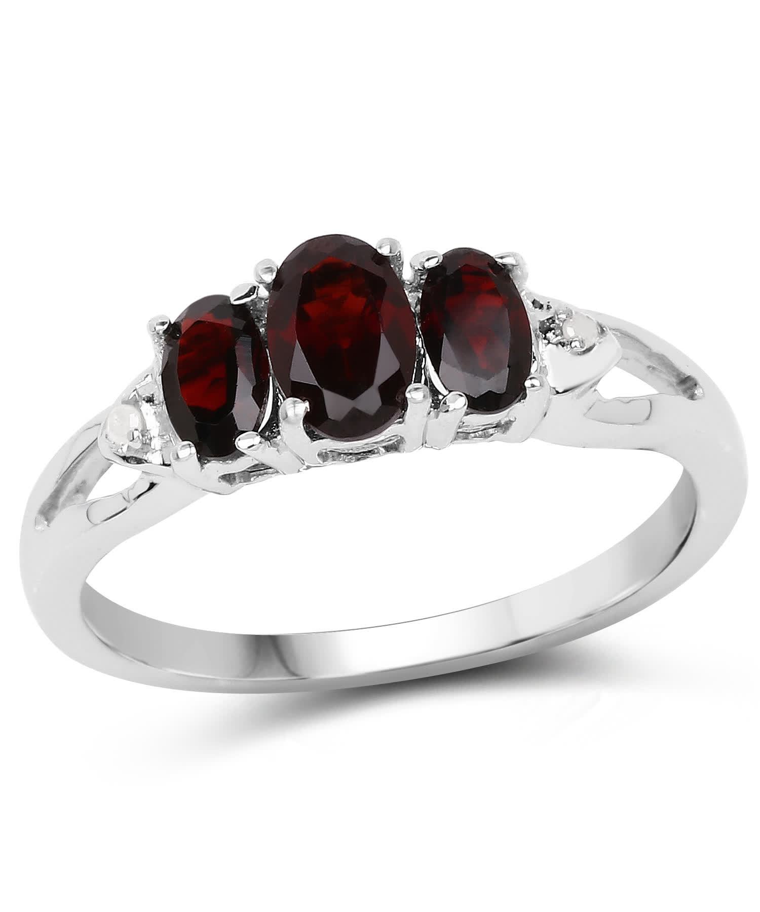 1.16ctw Natural Garnet and Diamond Rhodium Plated 925 Sterling Silver Three-Stone Right Hand Ring View 1