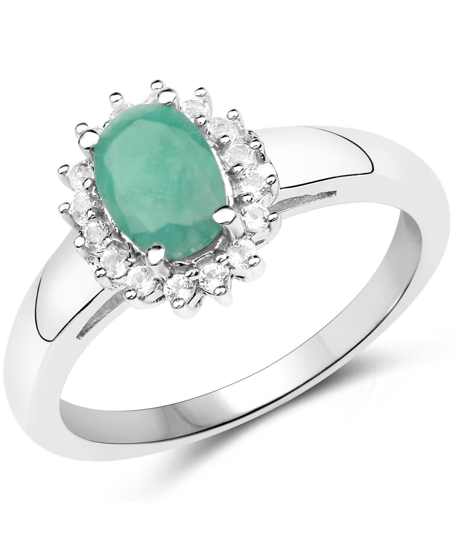 0.89ctw Natural Emerald and Topaz Rhodium Plated 925 Sterling Silver Halo Right Hand Ring View 1