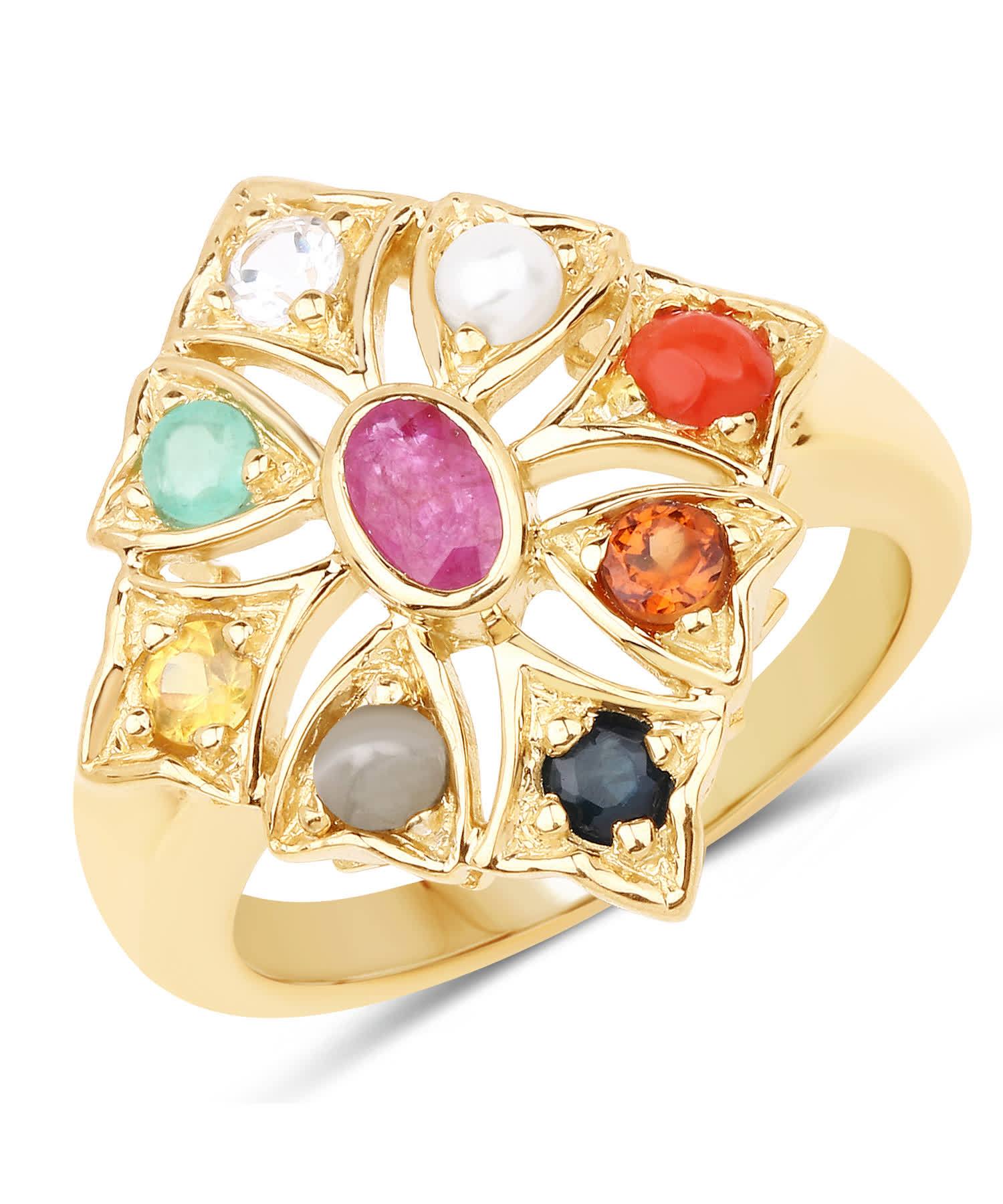 1.27ctw Natural Ruby and Multi-Color Mixed Gems 14k Gold Plated 925 Sterling Silver Right Hand Ring View 1