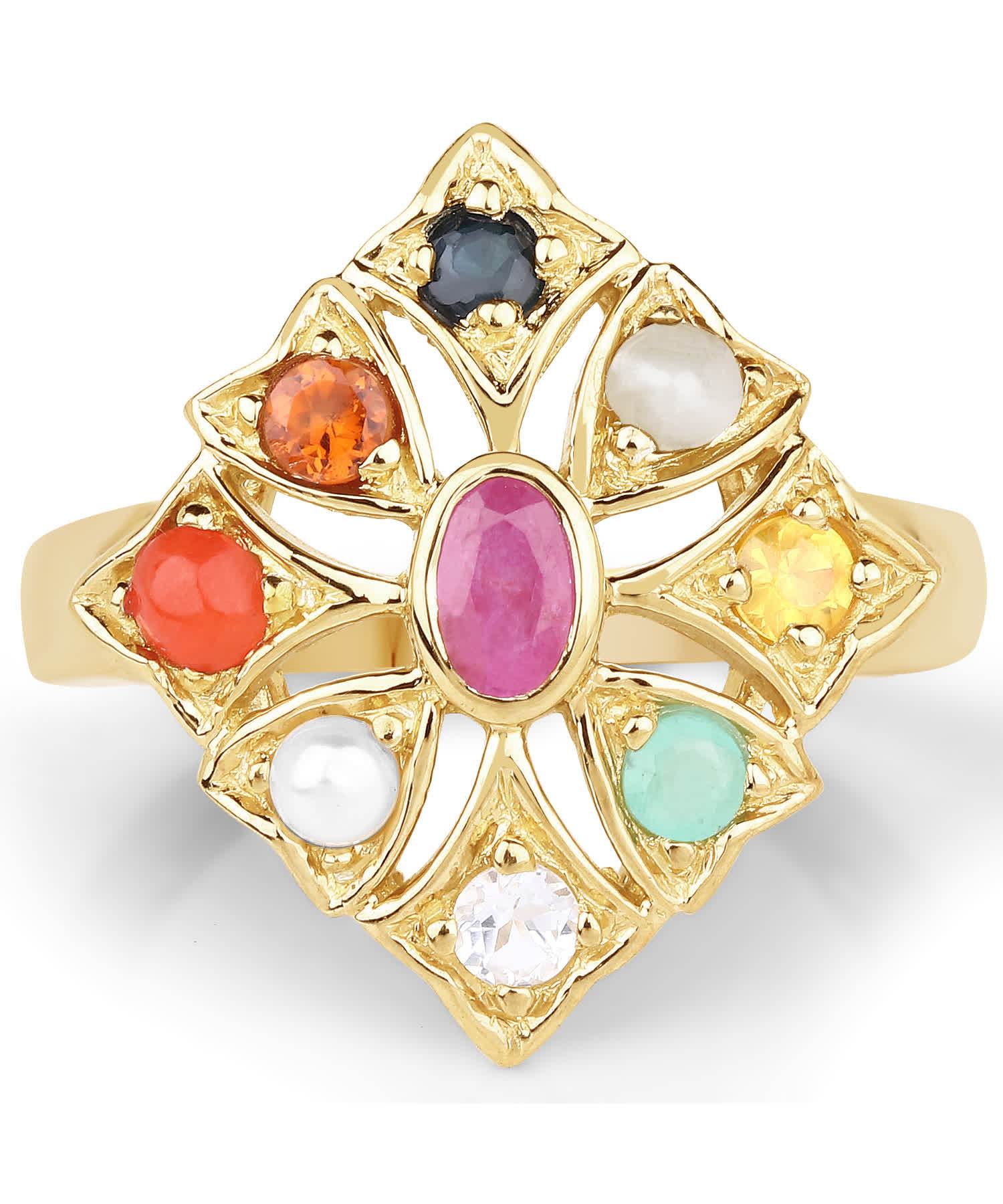 1.27ctw Natural Ruby and Multi-Color Mixed Gems 14k Gold Plated 925 Sterling Silver Right Hand Ring View 3