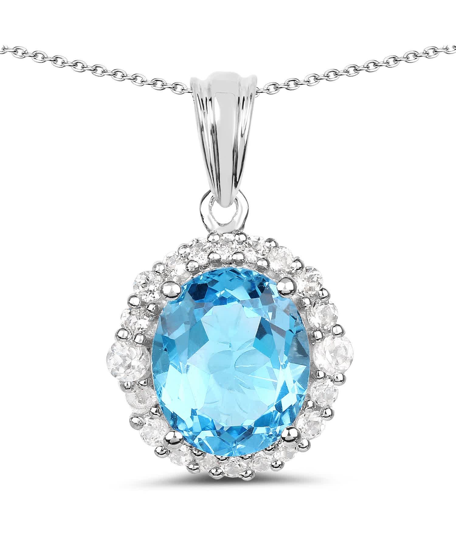 6.12ctw Natural Swiss Blue Topaz Rhodium Plated 925 Sterling Silver Halo Pendant With Chain View 1