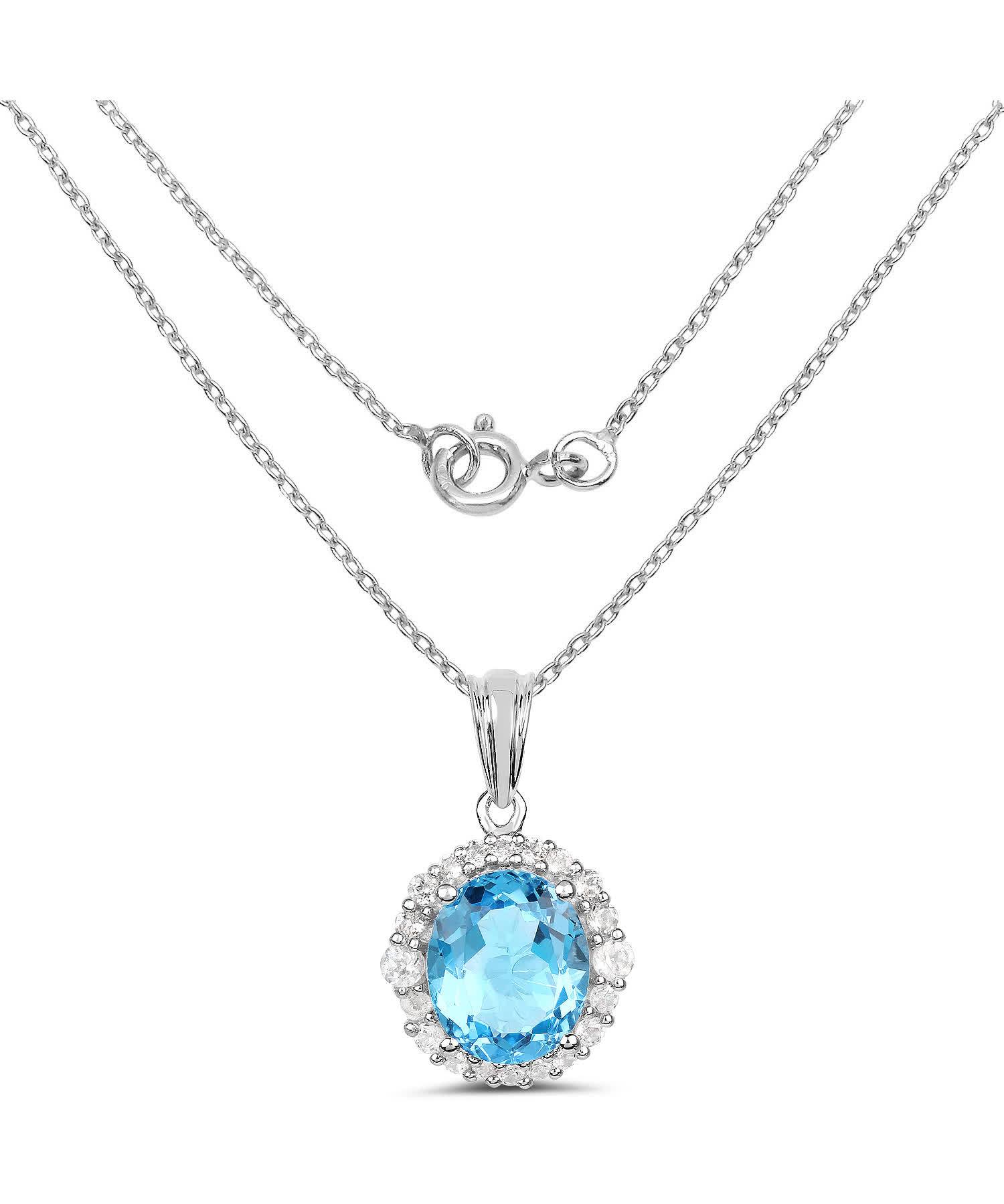 6.12ctw Natural Swiss Blue Topaz Rhodium Plated 925 Sterling Silver Halo Pendant With Chain View 2