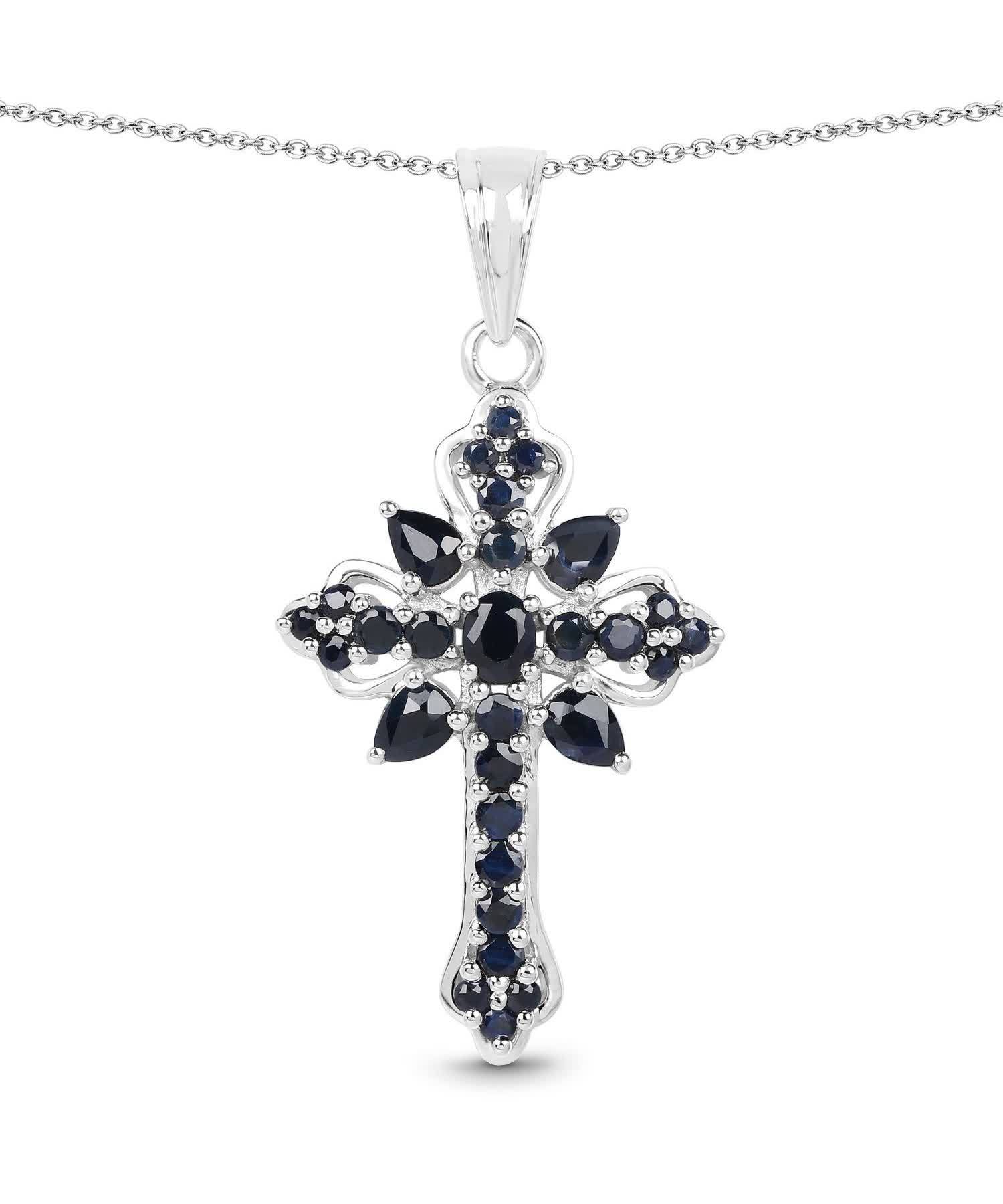 1.52ctw Natural Midnight Blue Sapphire Rhodium Plated 925 Sterling Silver Cross Pendant With Chain View 1