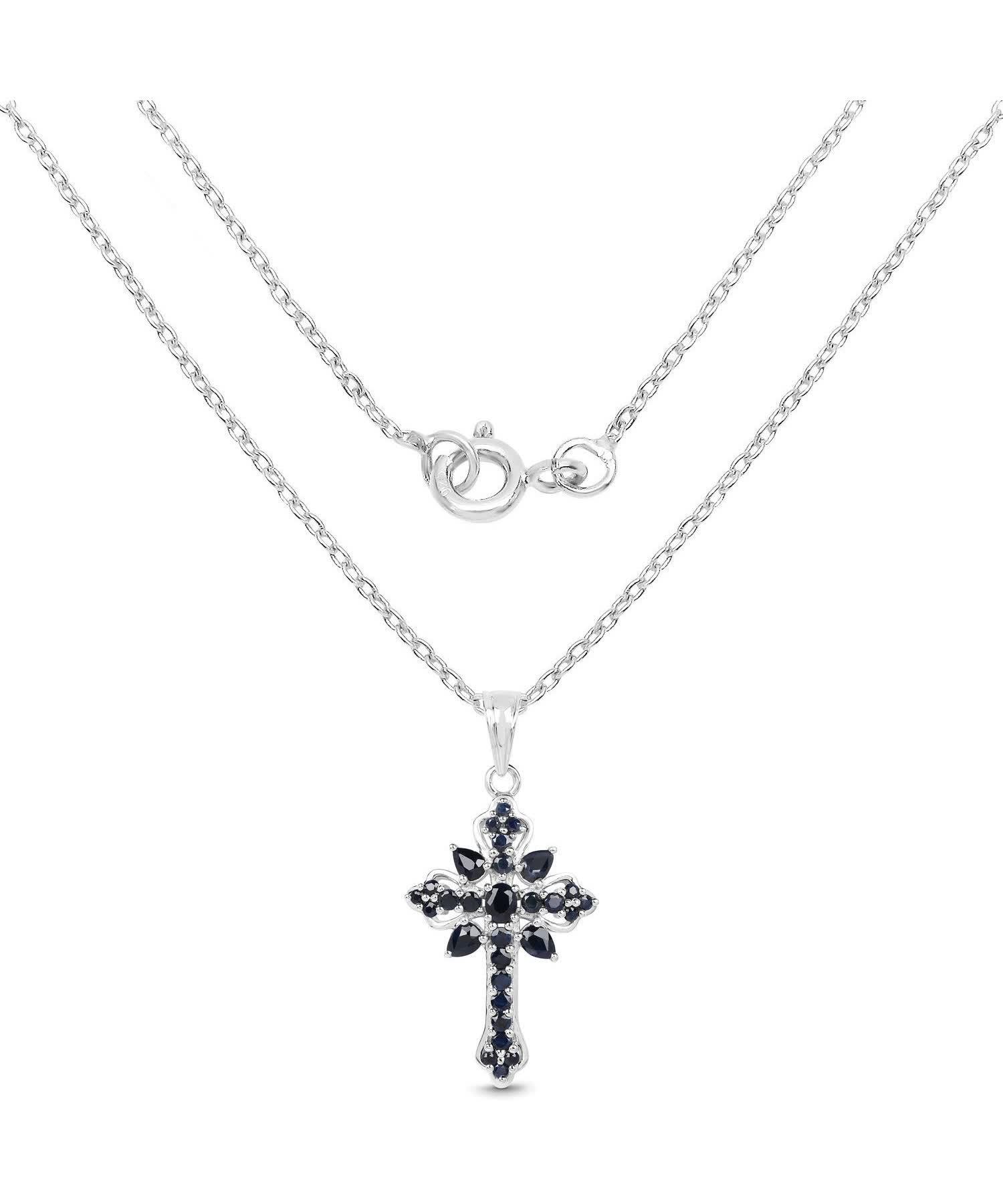 1.52ctw Natural Midnight Blue Sapphire Rhodium Plated 925 Sterling Silver Cross Pendant With Chain View 2
