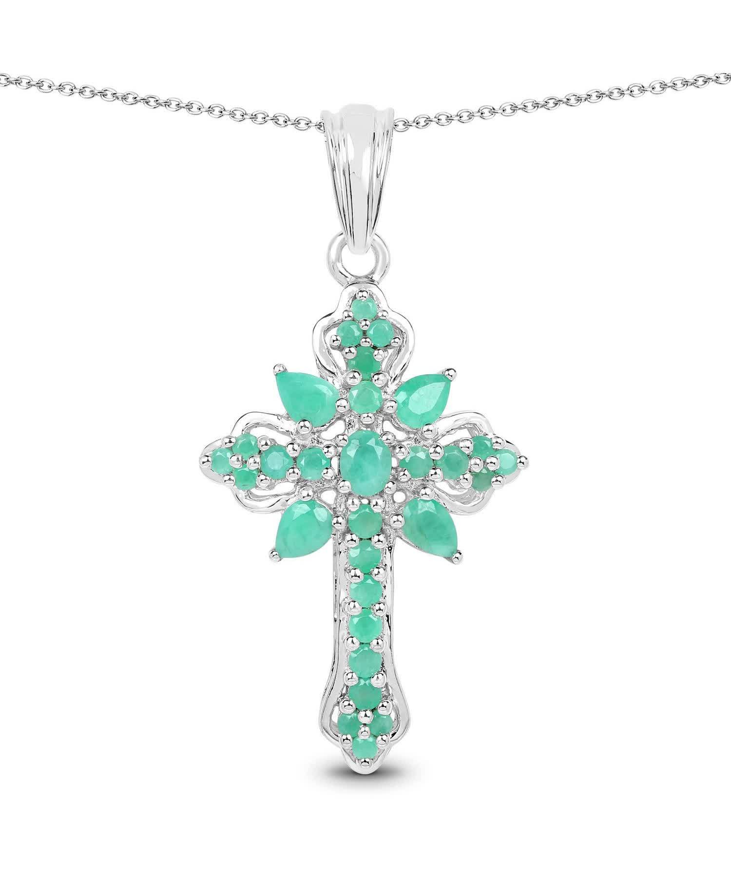 1.26ctw Natural Emerald Rhodium Plated 925 Sterling Silver Cross Pendant With Chain View 1