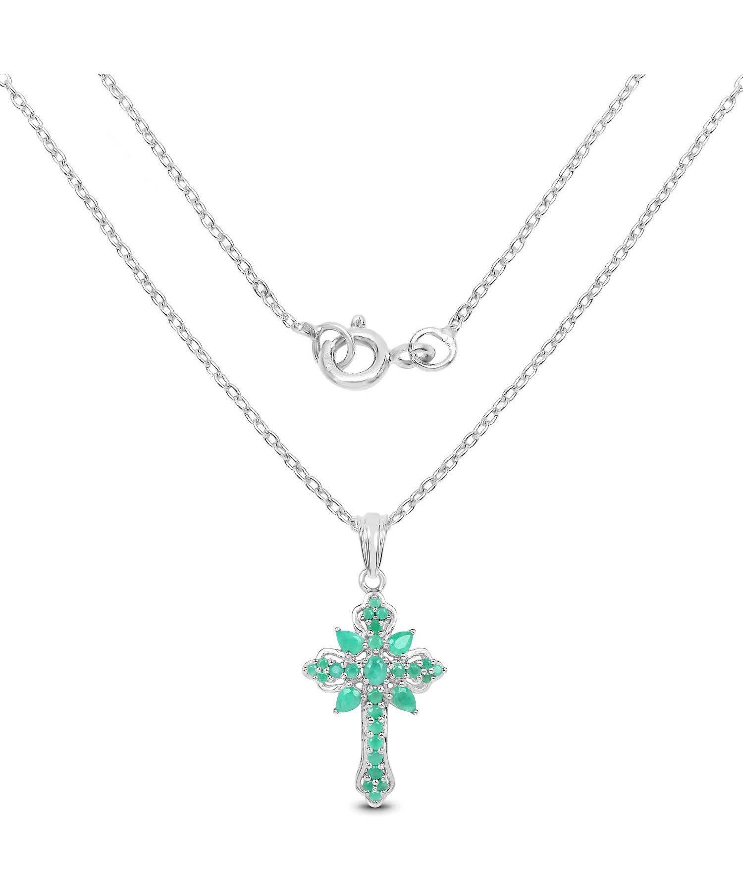 1.26ctw Natural Emerald Rhodium Plated 925 Sterling Silver Cross Pendant With Chain View 2