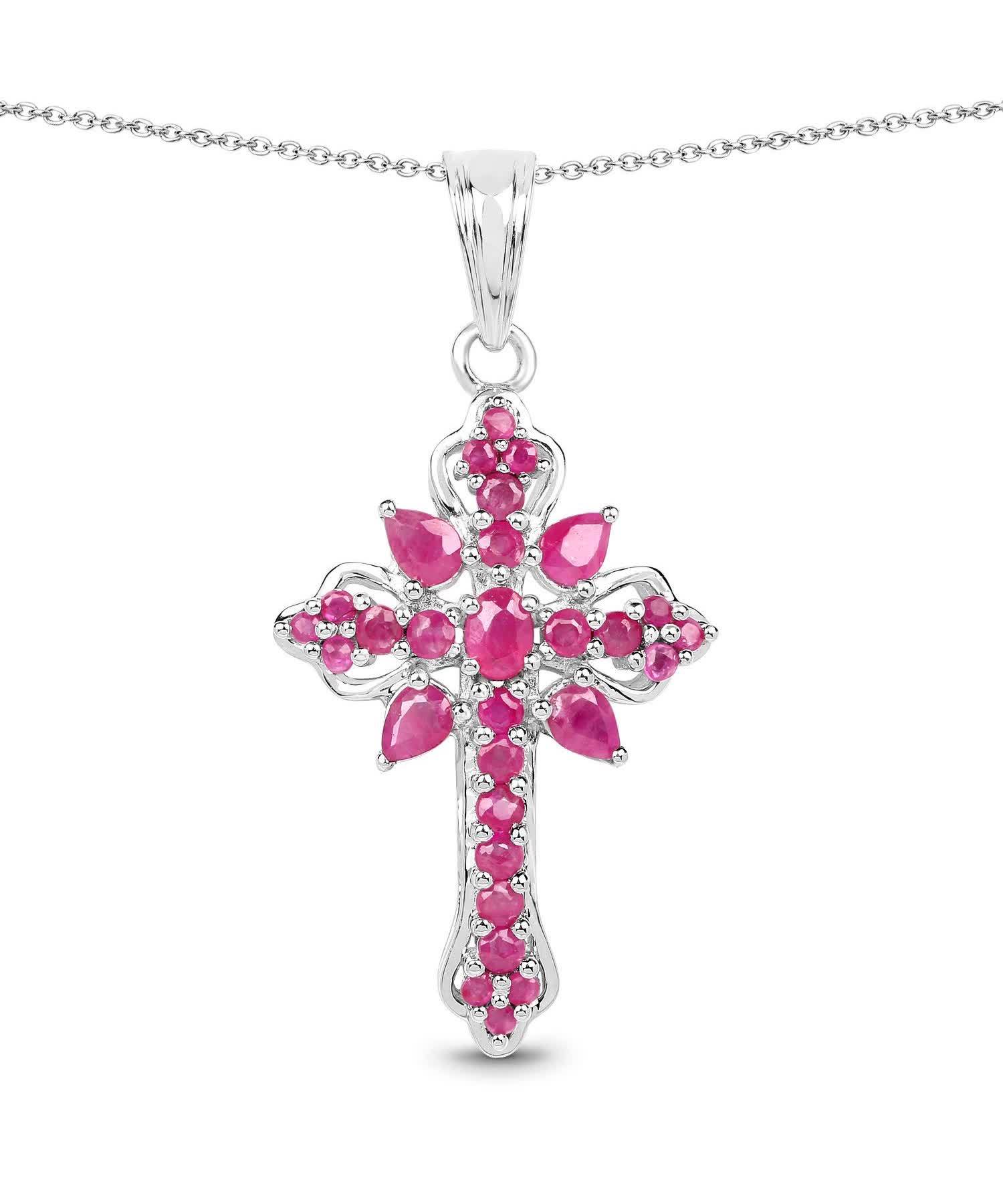 1.85ctw Natural Raspberry Ruby Rhodium Plated 925 Sterling Silver Cross Pendant With Chain View 1