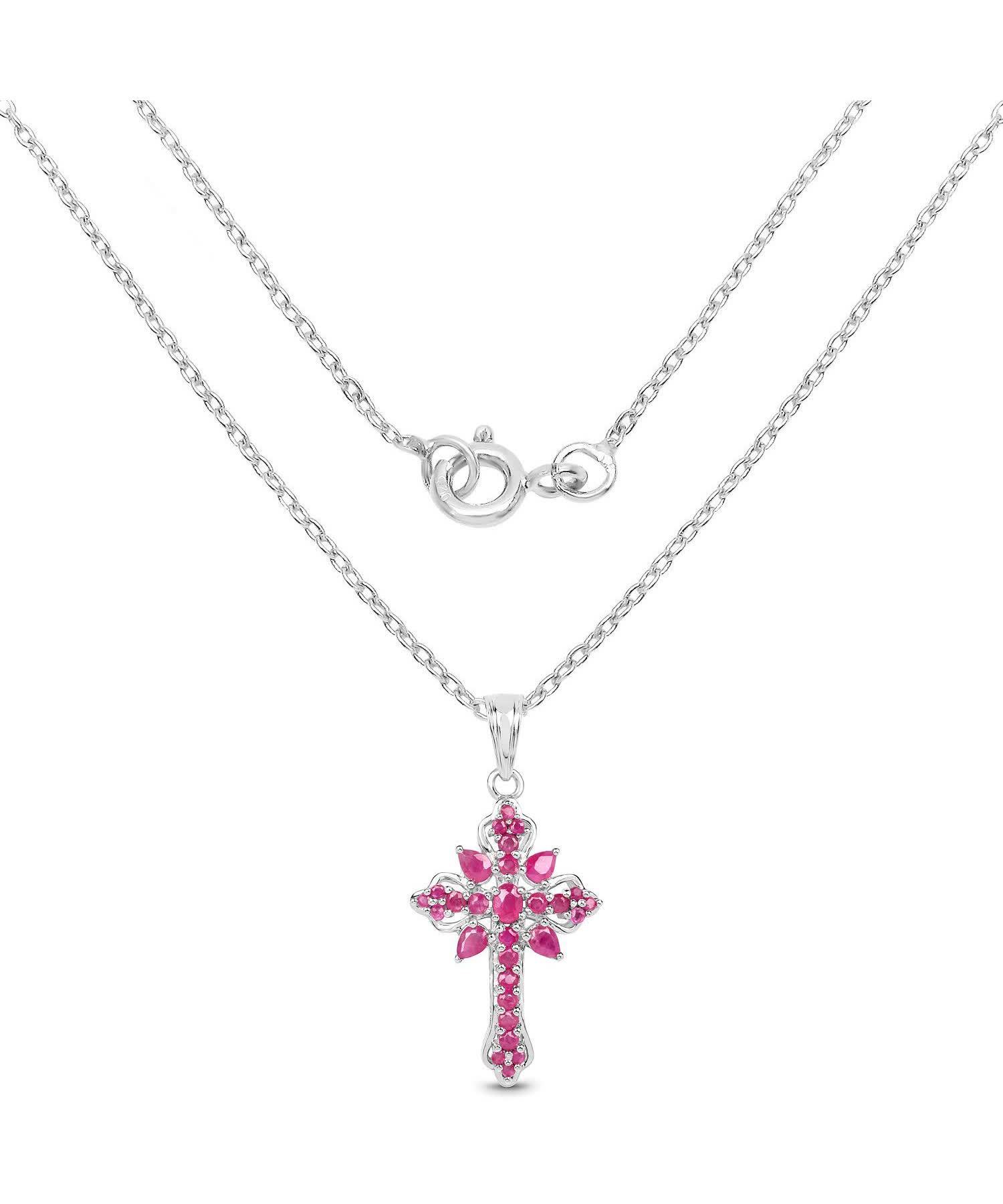 1.85ctw Natural Raspberry Ruby Rhodium Plated 925 Sterling Silver Cross Pendant With Chain View 2