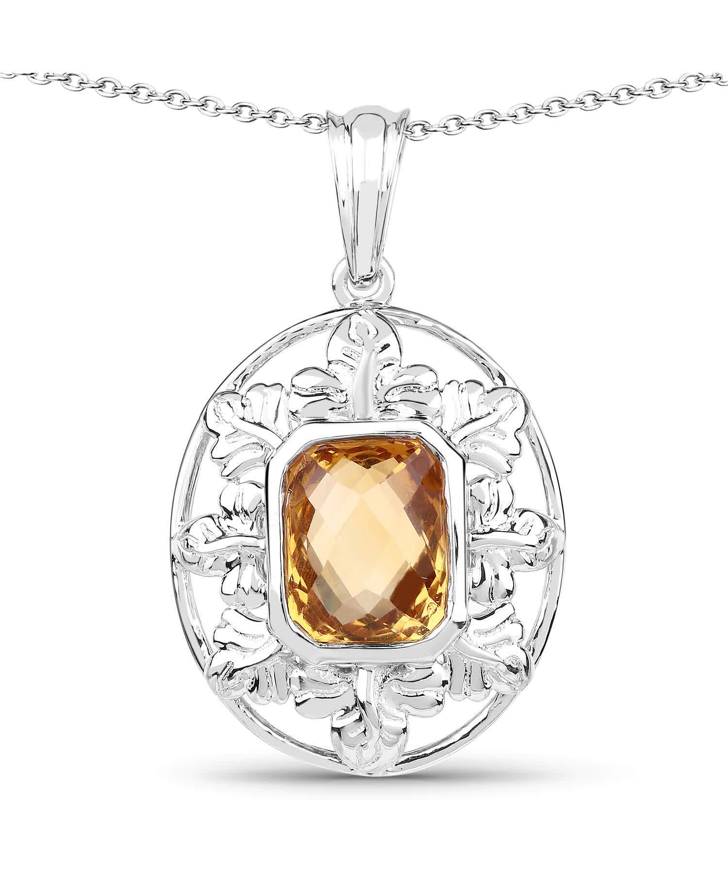 3.50ctw Natural Citrine Rhodium Plated 925 Sterling Silver Leaf Pendant With Chain View 1