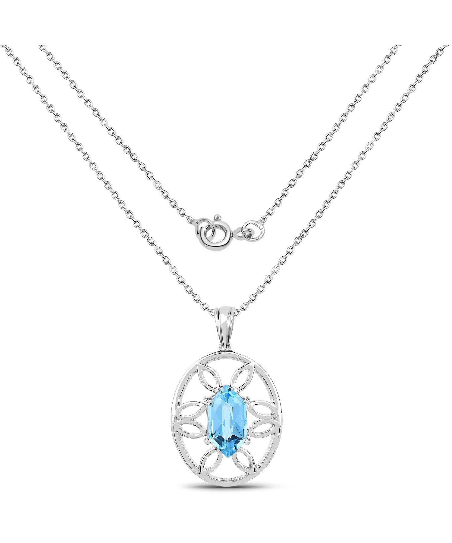6.17ctw Natural Swiss Blue Topaz Rhodium Plated 925 Sterling Silver Oval Pendant With Chain View 2