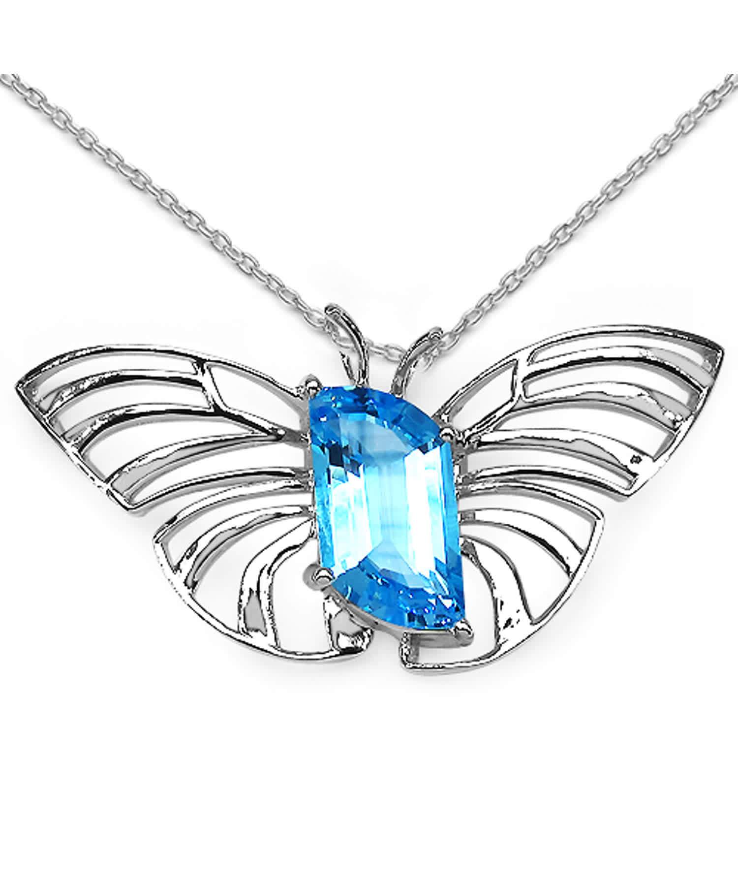10.62ctw Natural Swiss Blue Topaz Rhodium Plated 925 Sterling Silver Butterfly Pendant With Chain View 1