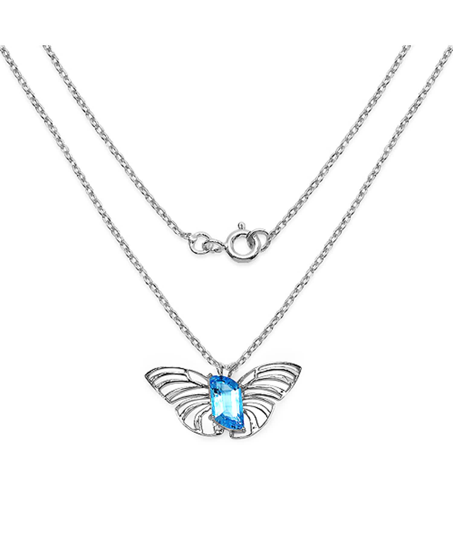 10.62ctw Natural Swiss Blue Topaz Rhodium Plated 925 Sterling Silver Butterfly Pendant With Chain View 2