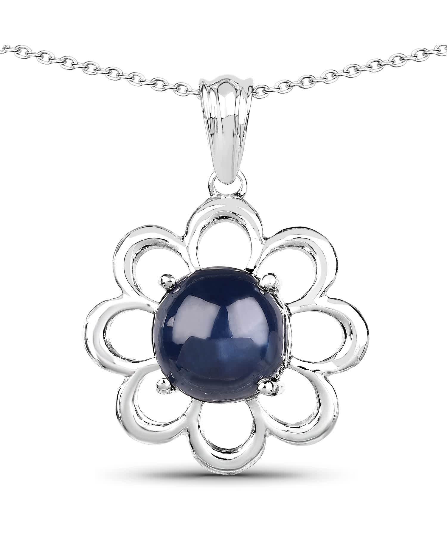4.65ctw Natural Midnight Blue Sapphire Rhodium Plated 925 Sterling Silver Flower Pendant With Chain View 1