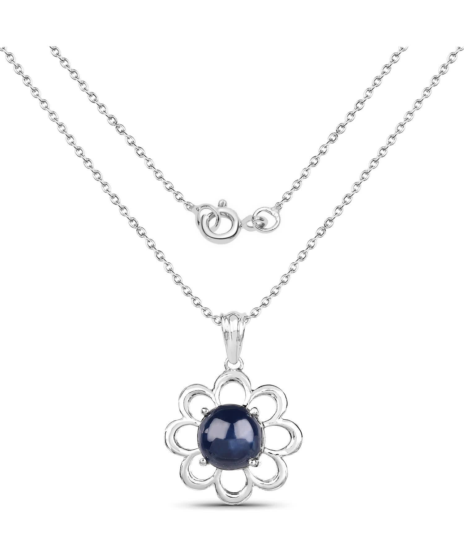 4.65ctw Natural Midnight Blue Sapphire Rhodium Plated 925 Sterling Silver Flower Pendant With Chain View 2