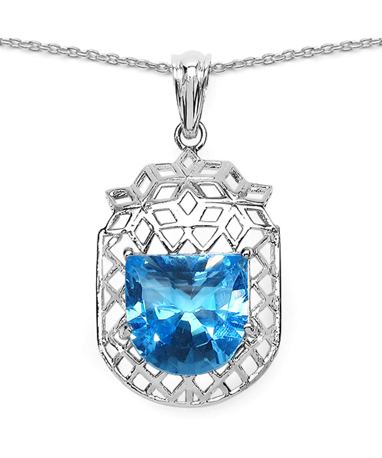 10.90ctw Natural Swiss Blue Topaz Rhodium Plated 925 Sterling Silver Pendant With Chain View 1