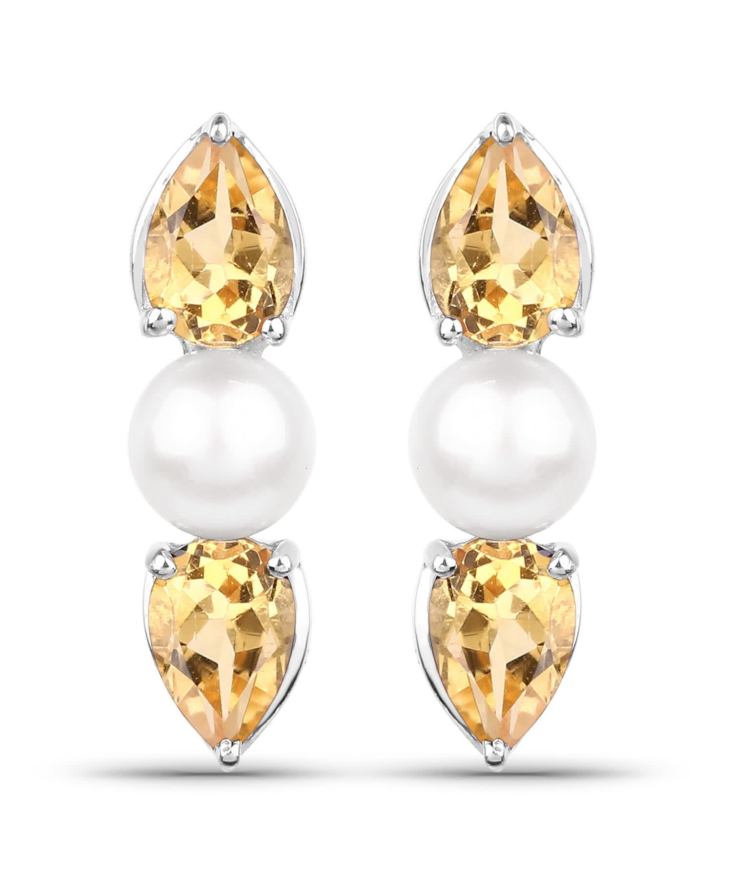 1.68ctw Natural Freshwater Pearl and Citrine Rhodium Plated 925 Sterling Silver Earrings View 1