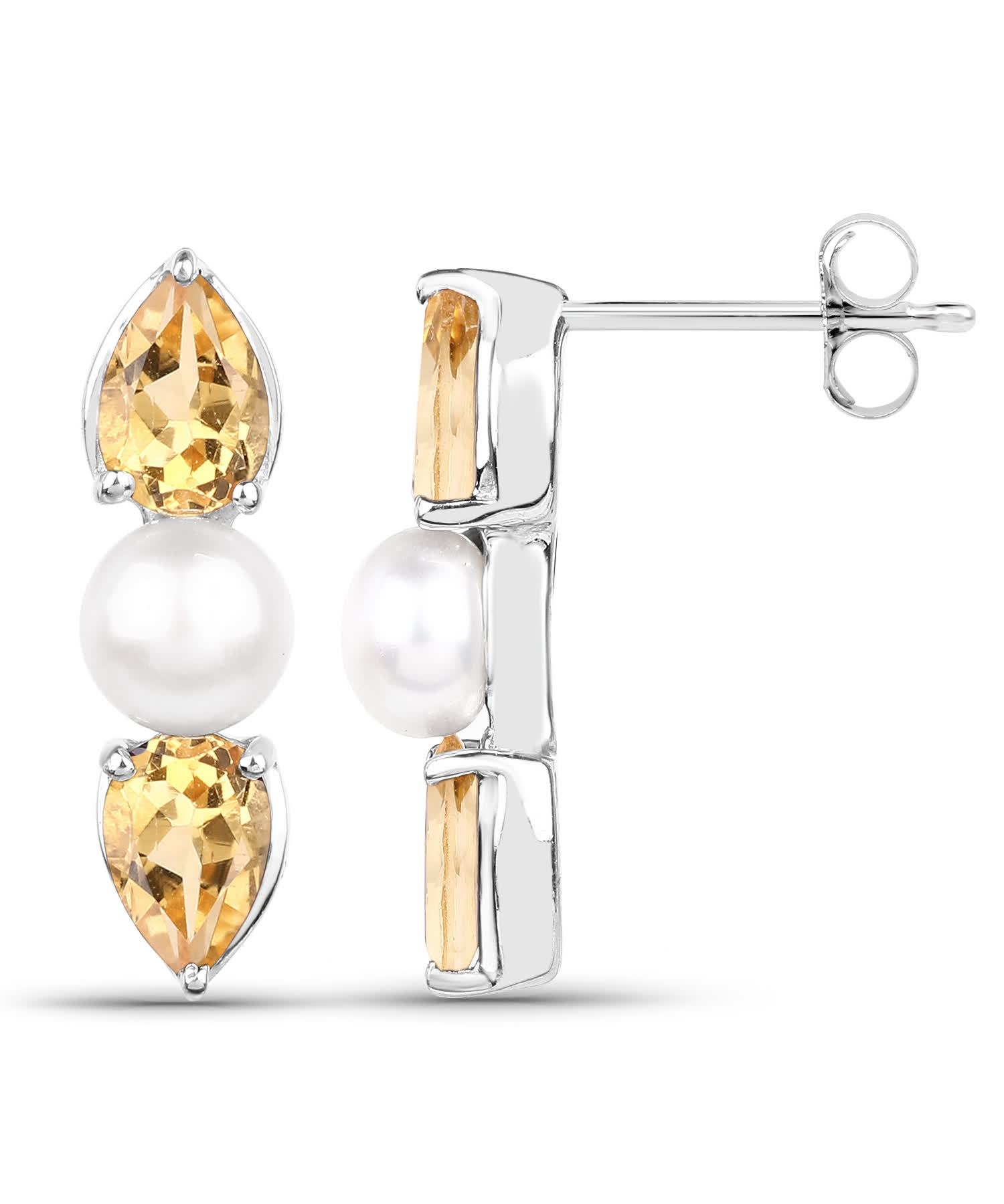 1.68ctw Natural Freshwater Pearl and Citrine Rhodium Plated 925 Sterling Silver Earrings View 2