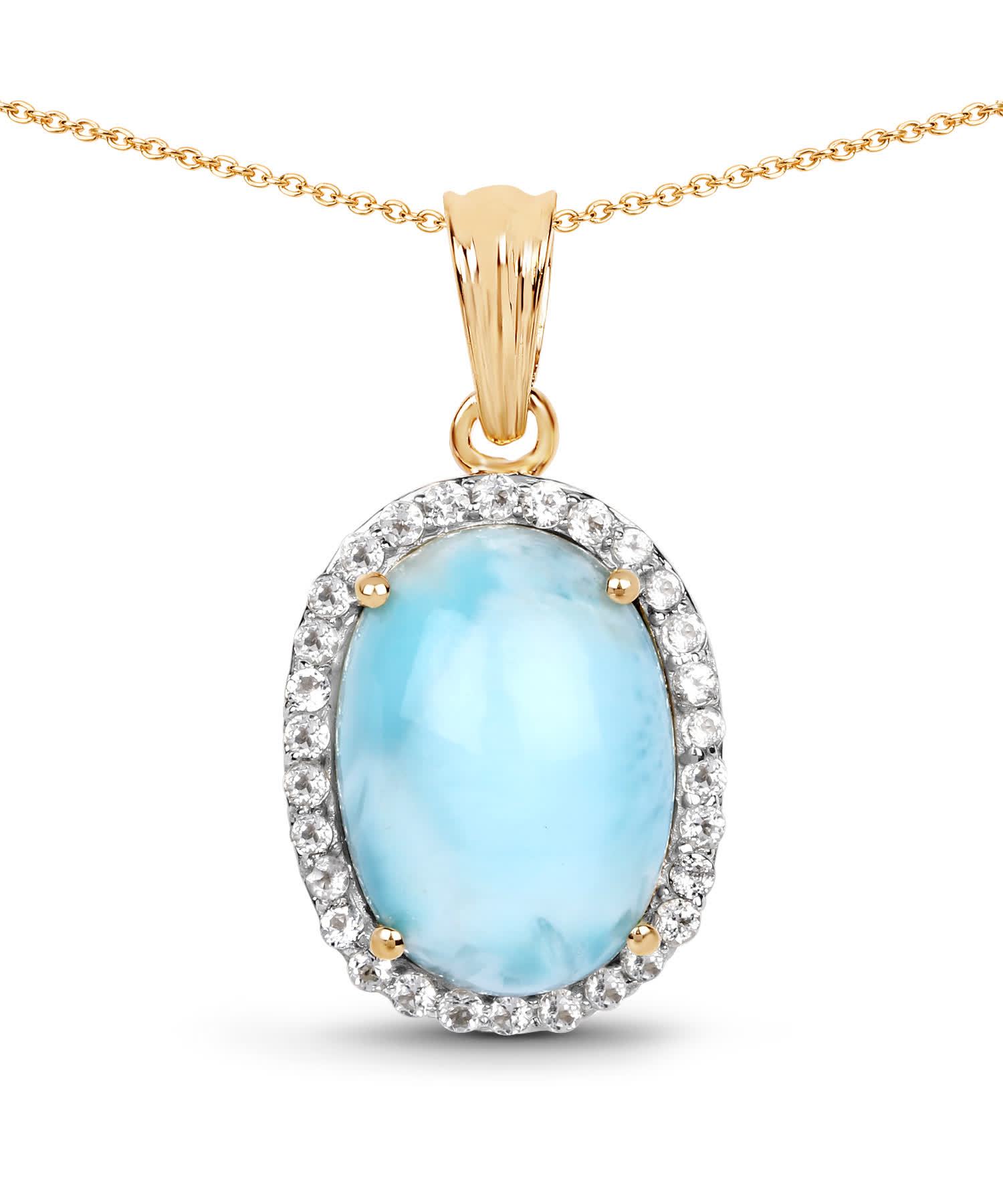 13.55ctw Natural Larimar and Topaz 14k Gold Plated 925 Sterling Silver Oval Pendant With Chain View 1