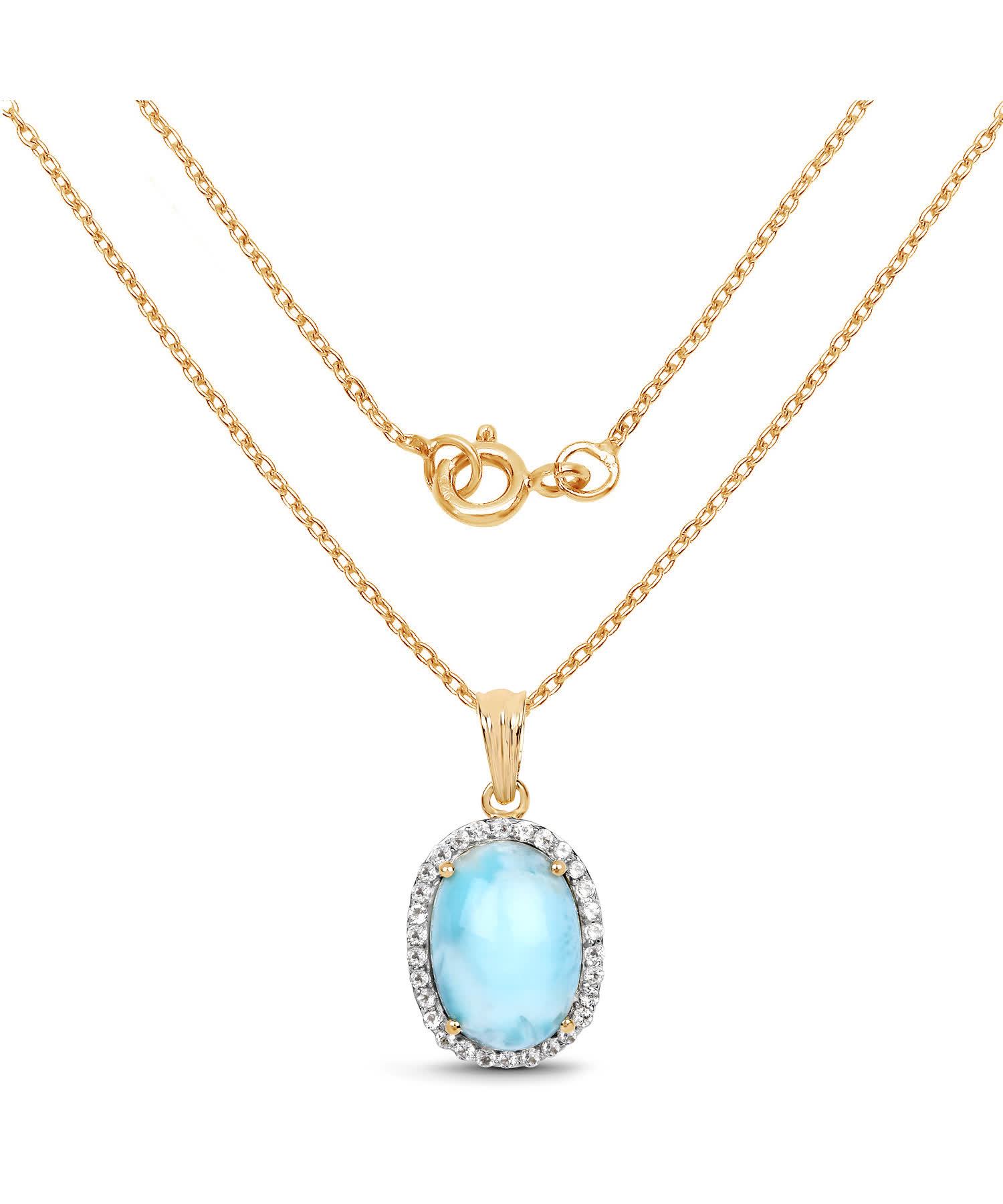 13.55ctw Natural Larimar and Topaz 14k Gold Plated 925 Sterling Silver Oval Pendant With Chain View 2