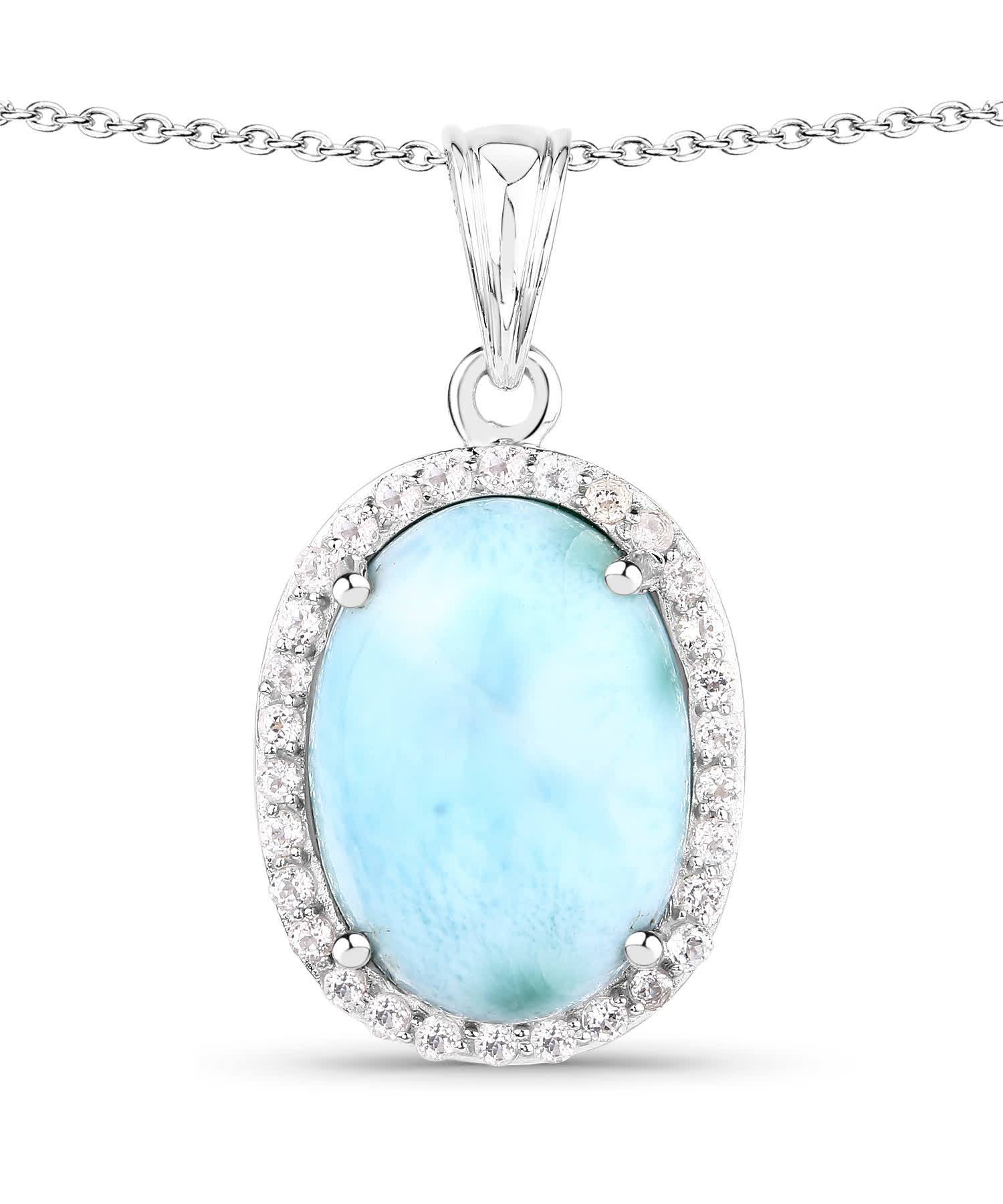 13.55ctw Natural Larimar and Topaz Rhodium Plated 925 Sterling Silver Halo Pendant With Chain View 1