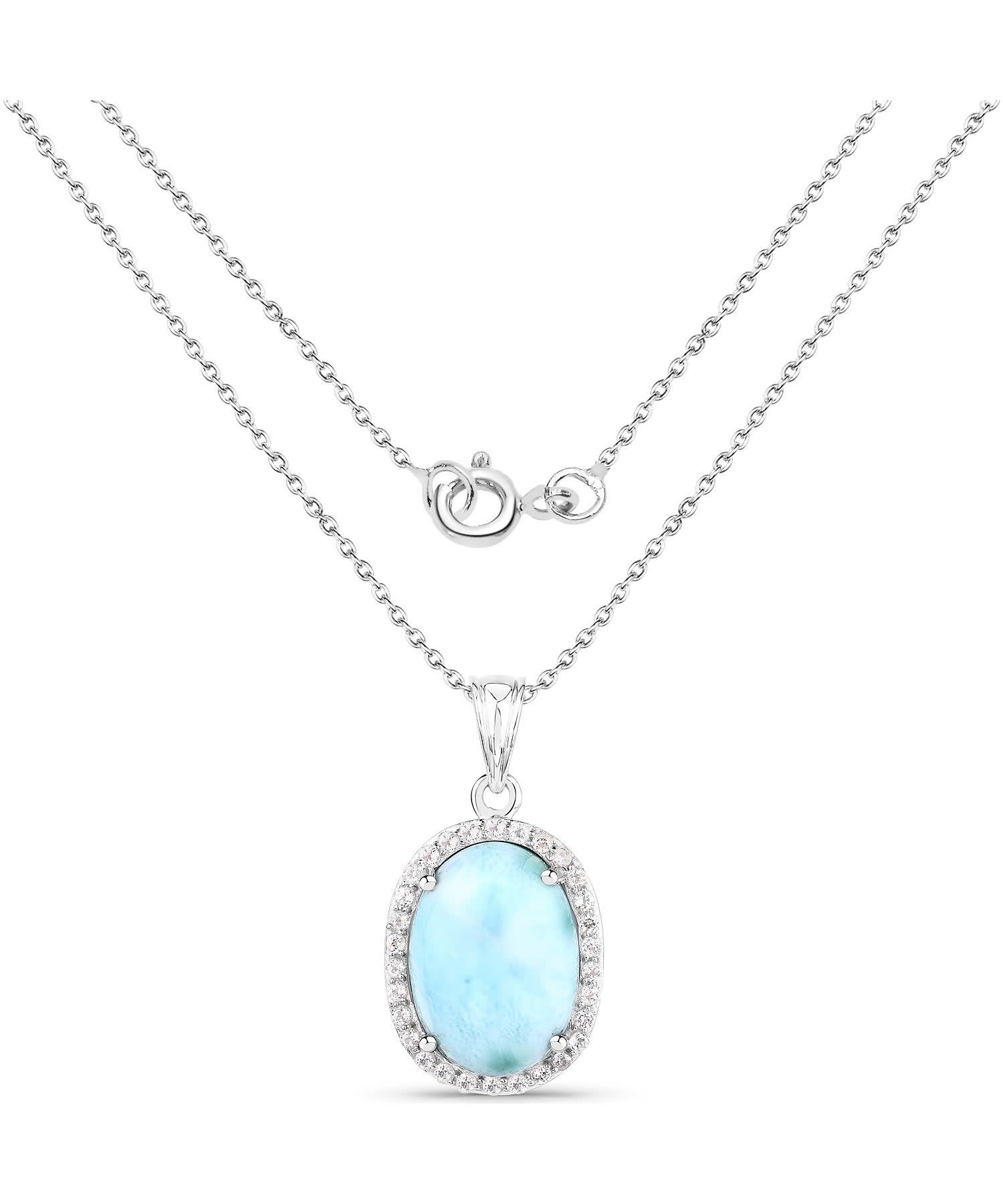 13.55ctw Natural Larimar and Topaz Rhodium Plated 925 Sterling Silver Halo Pendant With Chain View 2