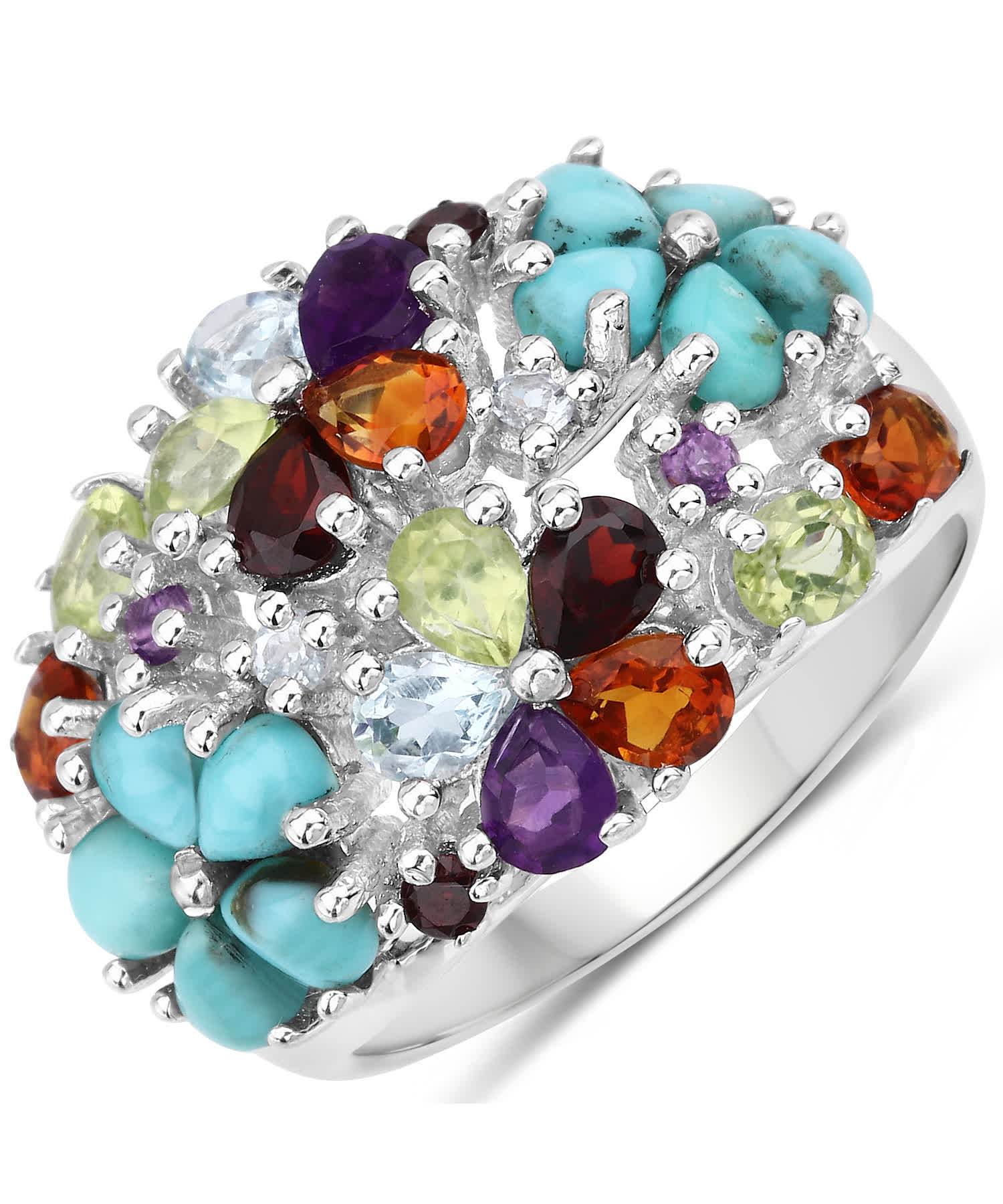 4.03ctw Natural Multi-Color Mixed Gems Rhodium Plated 925 Sterling Silver Flower Right Hand Ring View 1