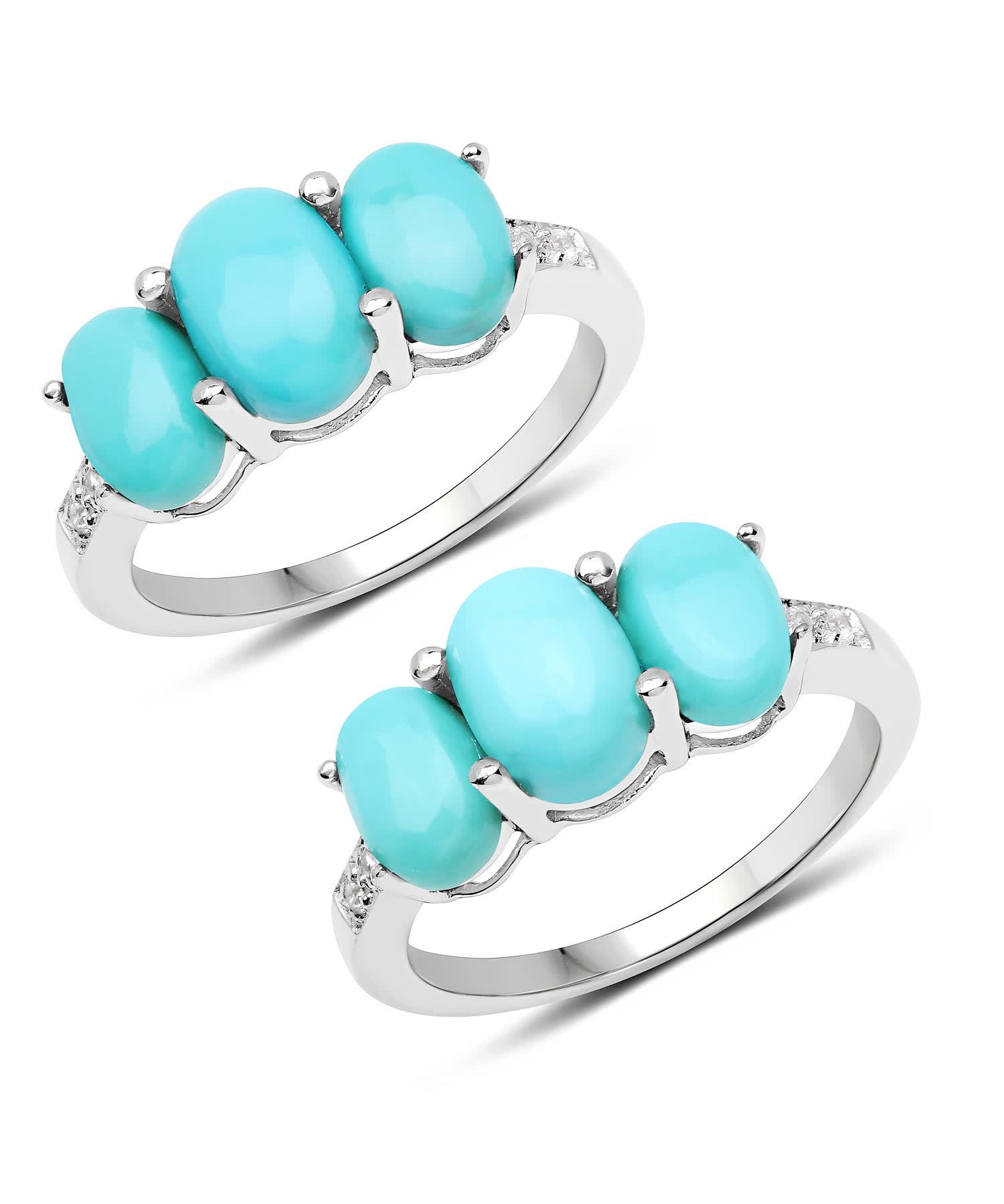 3.03ctw Natural Sleeping Beauty Turquoise and Zircon Rhodium Plated 925 Sterling Silver Three Stone Right Hand Ring View 1