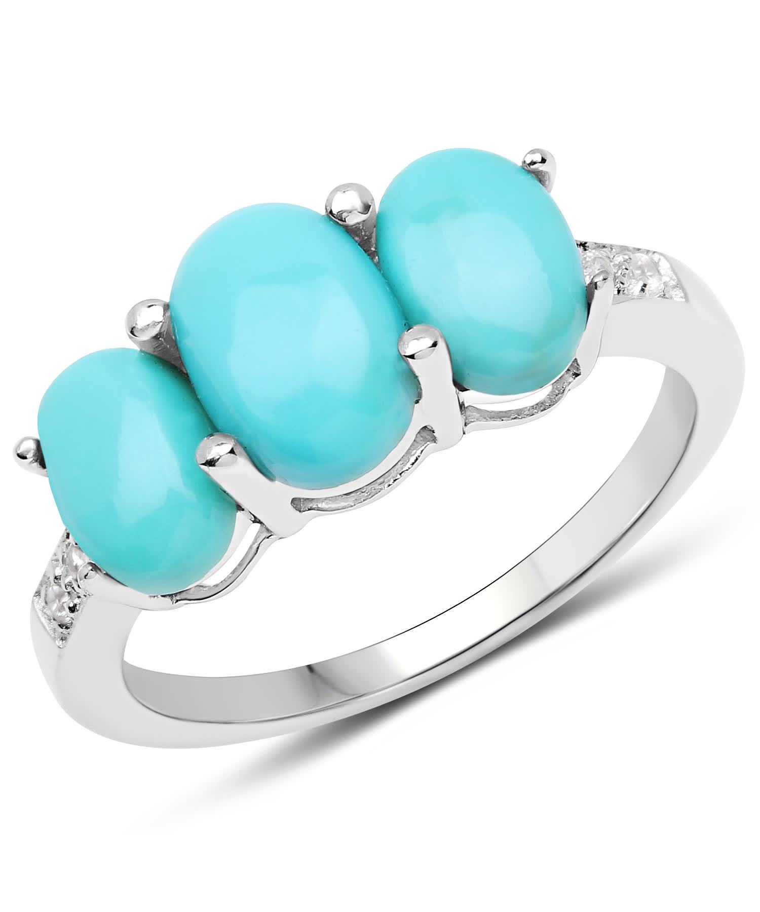 3.03ctw Natural Sleeping Beauty Turquoise and Zircon Rhodium Plated 925 Sterling Silver Three Stone Right Hand Ring View 2