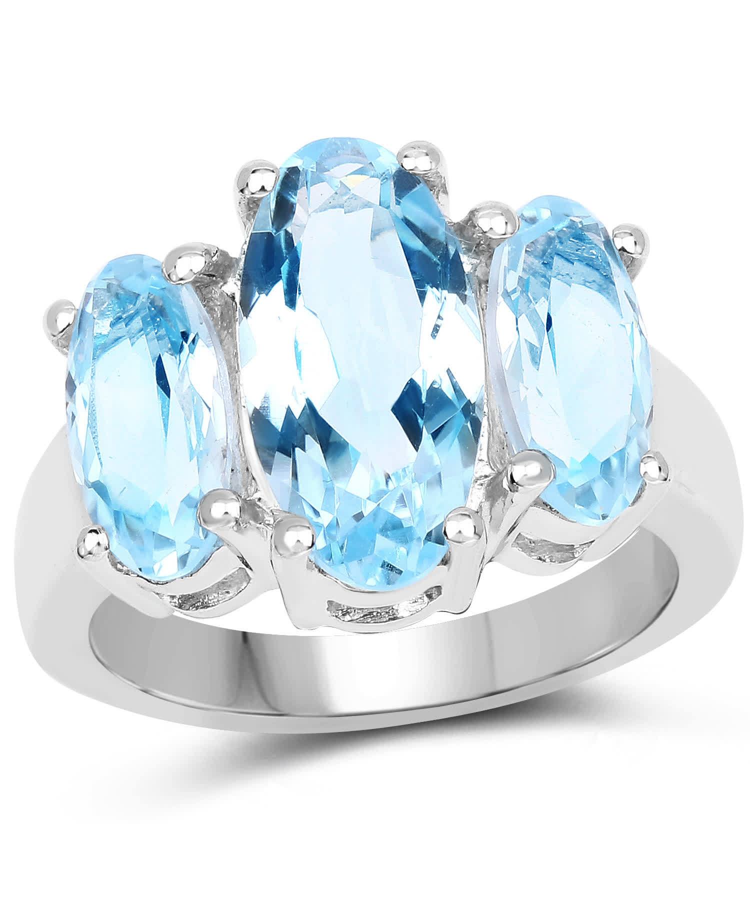 7.77ctw Natural Swiss Blue Topaz Rhodium Plated 925 Sterling Silver Three-Stone Right Hand Ring View 1