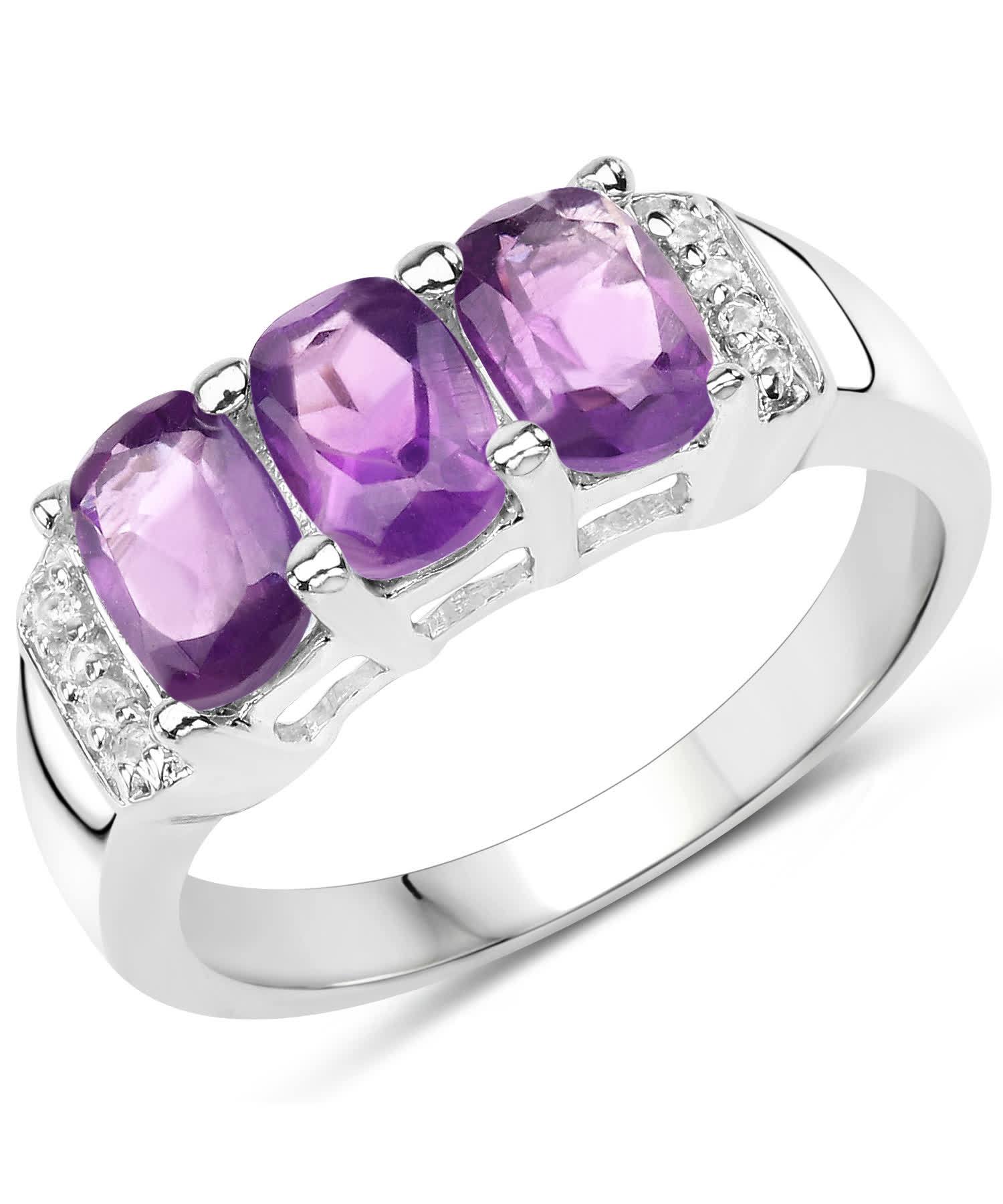 1.54ctw Natural Amethyst and Topaz Rhodium Plated 925 Sterling Silver Three-Stone Right Hand Ring View 1