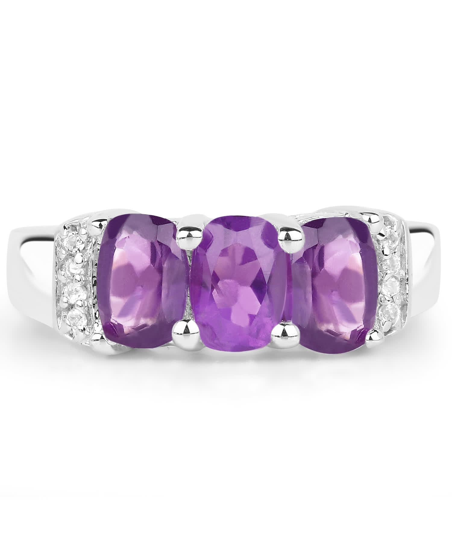 1.54ctw Natural Amethyst and Topaz Rhodium Plated 925 Sterling Silver Three-Stone Right Hand Ring View 3