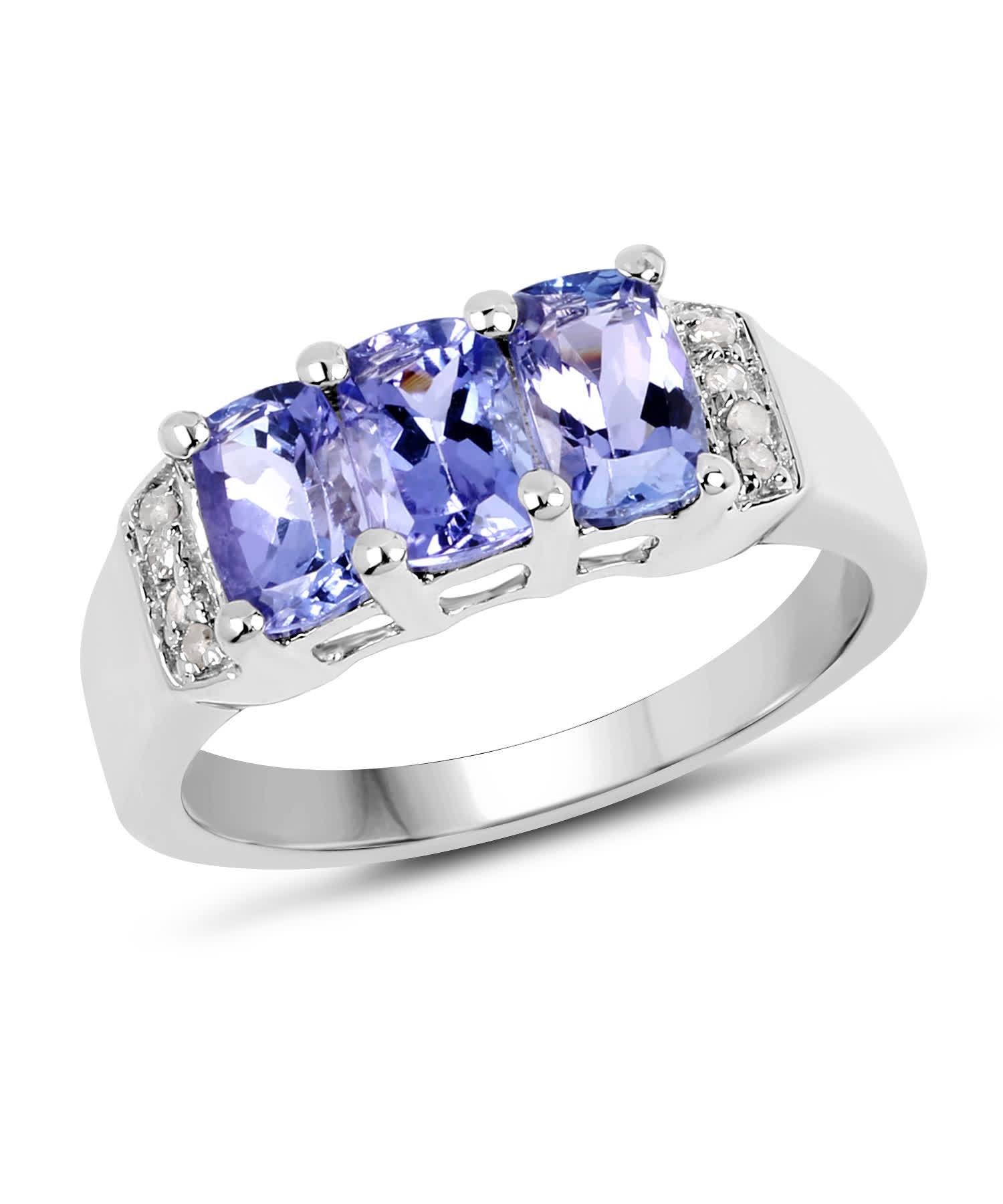 1.63ctw Natural Tanzanite and Diamond Rhodium Plated 925 Sterling Silver Three Stone Right Hand Ring View 1