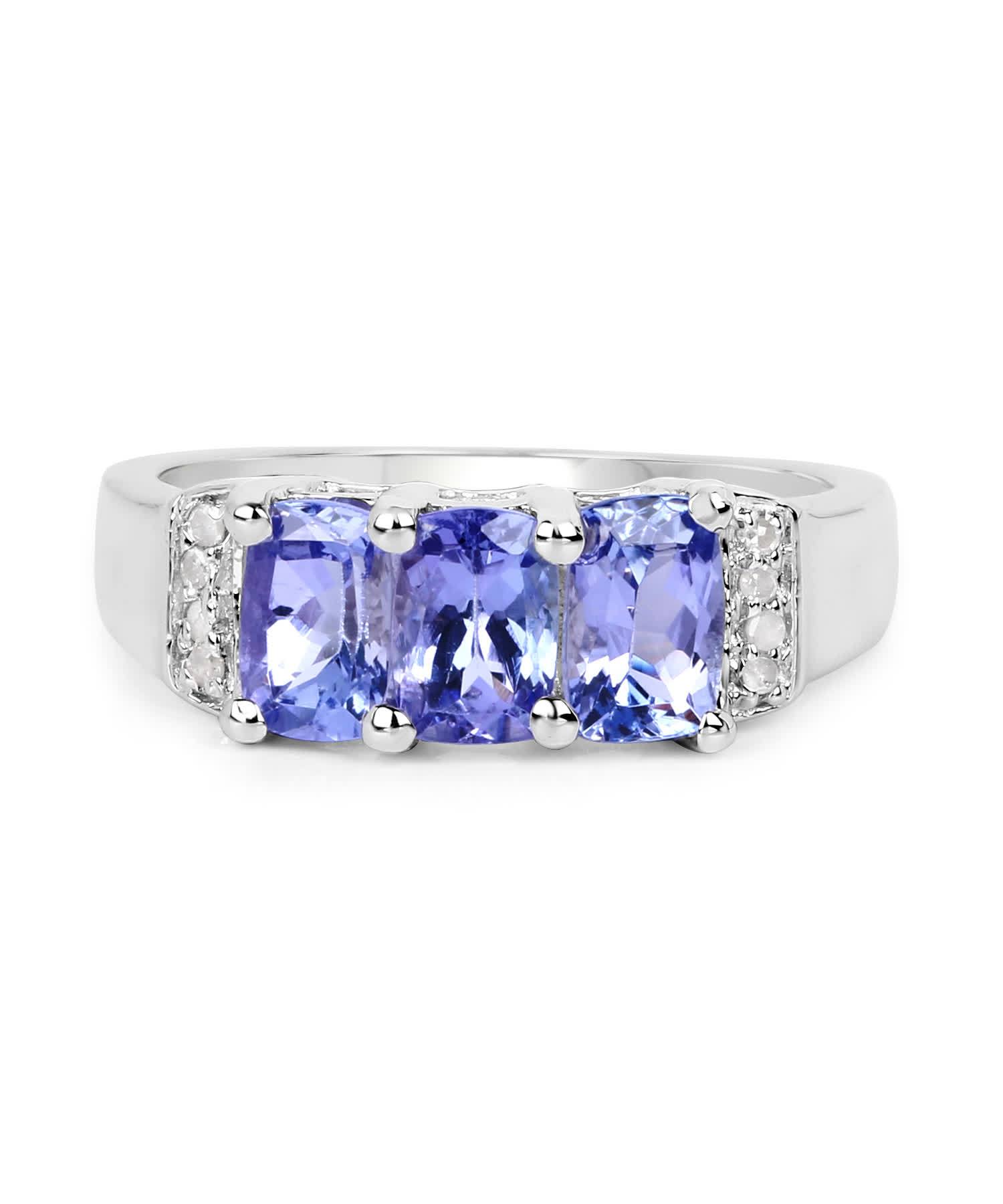 1.63ctw Natural Tanzanite and Diamond Rhodium Plated 925 Sterling Silver Three Stone Right Hand Ring View 3