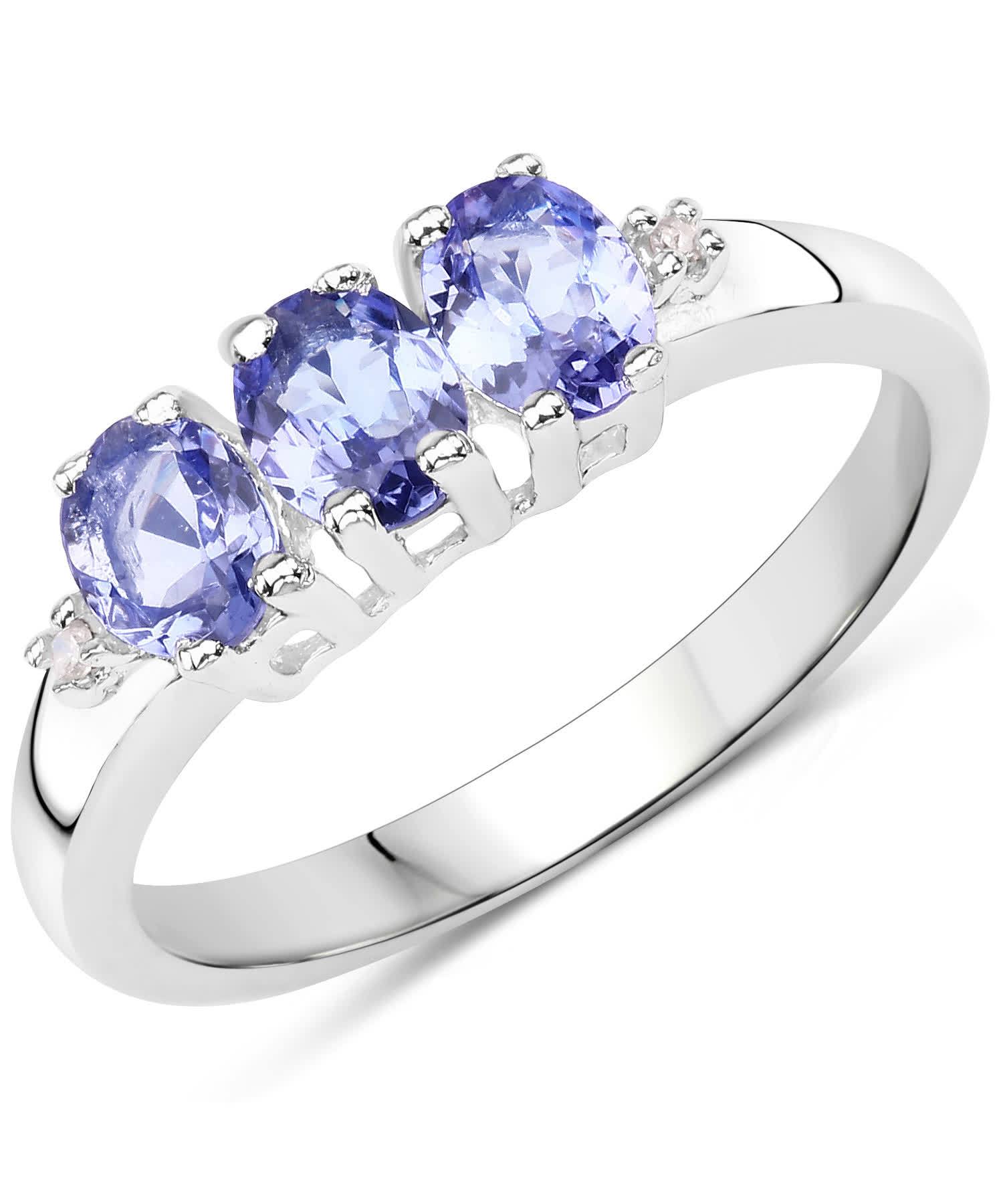 1.00ctw Natural Tanzanite and Diamond Rhodium Plated 925 Sterling Silver Three-Stone Right Hand Ring View 1