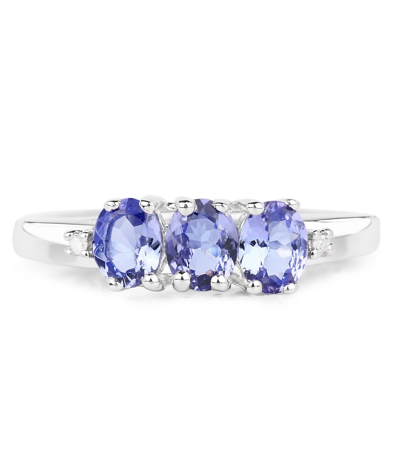 1.00ctw Natural Tanzanite and Diamond Rhodium Plated 925 Sterling Silver Three-Stone Right Hand Ring View 3