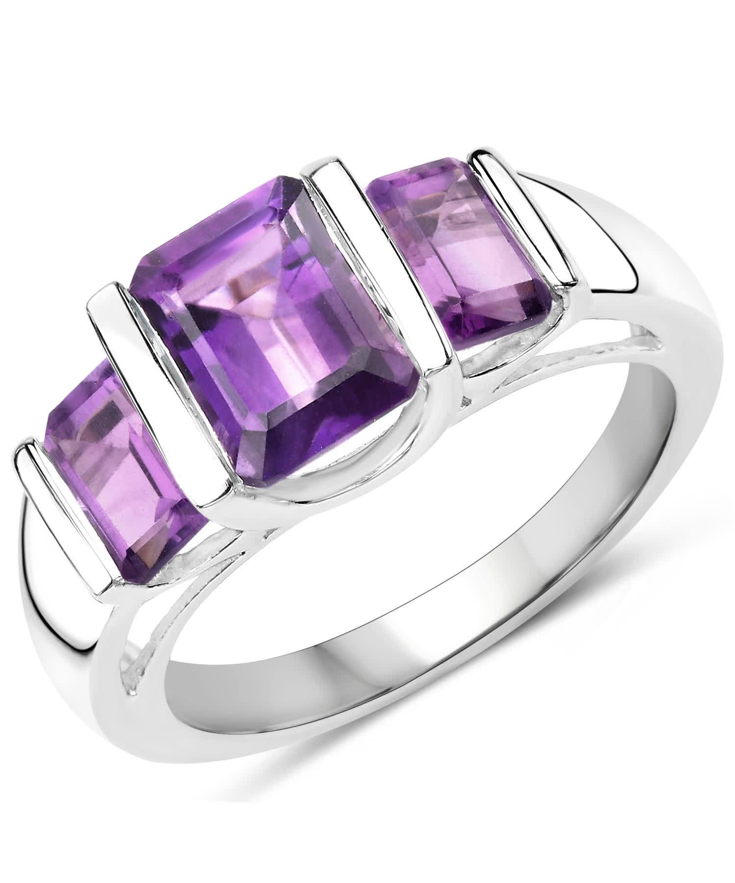 2.70ctw Natural Amethyst Rhodium Plated 925 Sterling Silver Three-Stone Right Hand Ring View 1