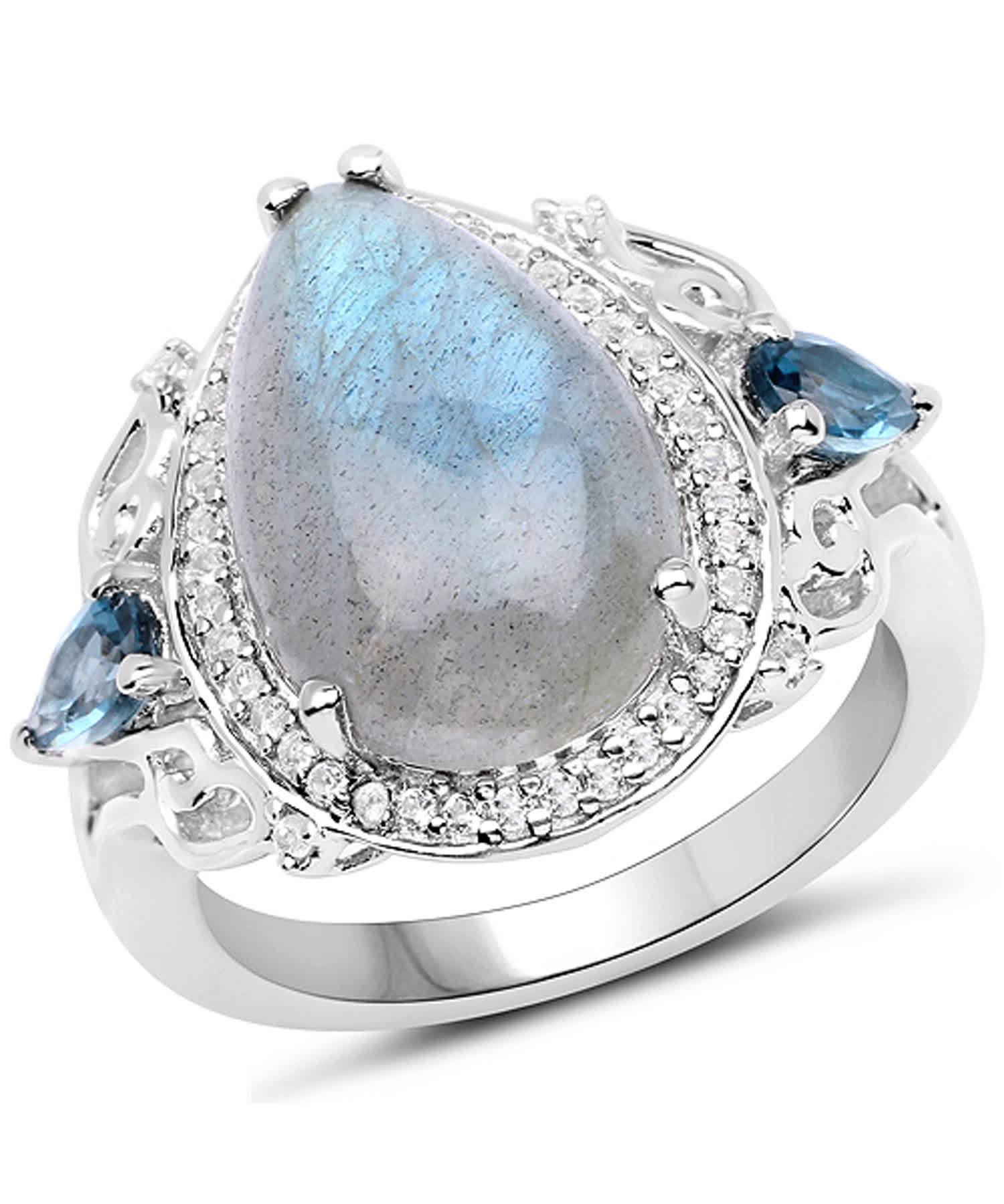 6.18ctw Natural Labradorite and London Blue Topaz Rhodium Plated 925 Sterling Silver Cocktail Ring View 1