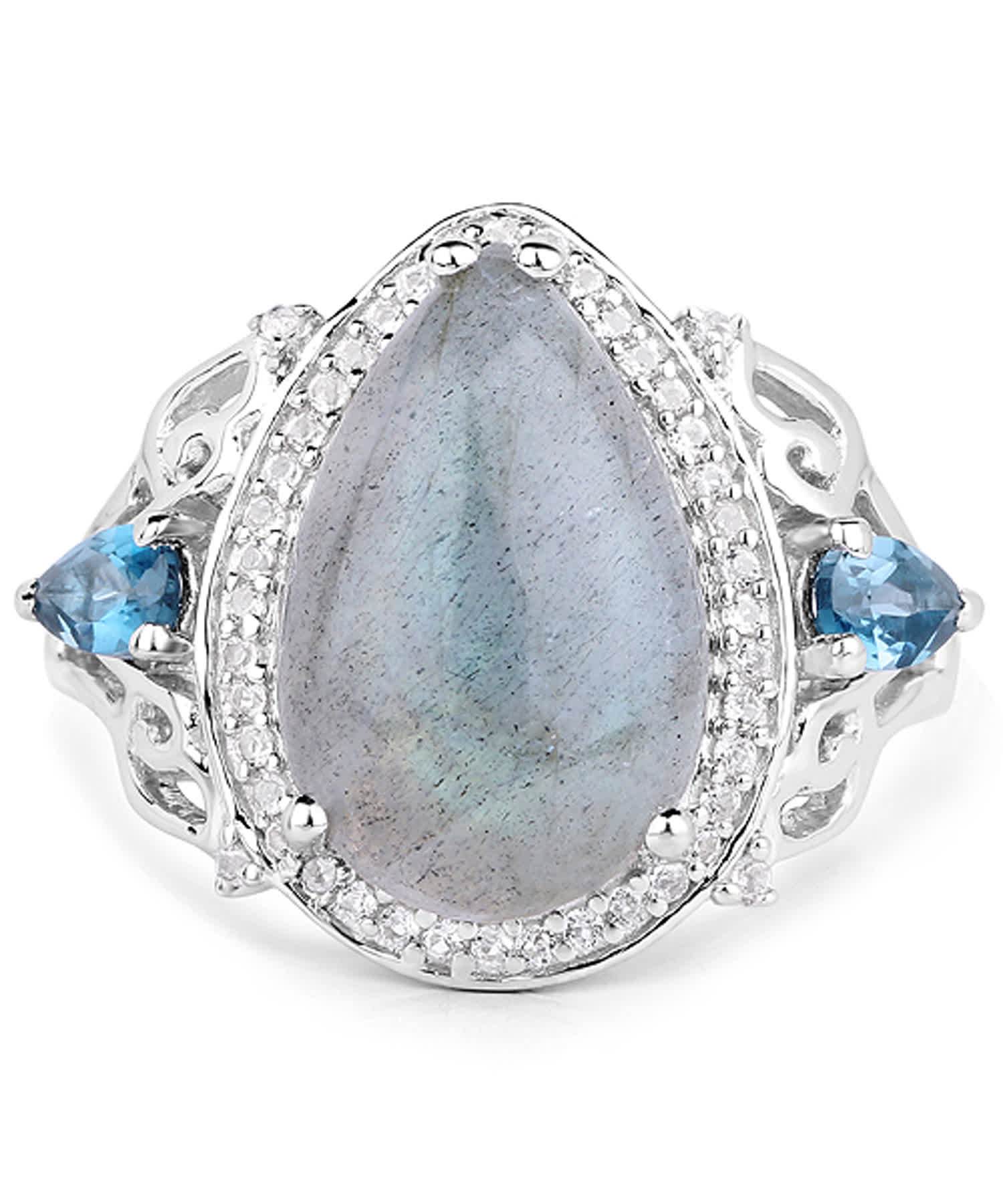 6.18ctw Natural Labradorite and London Blue Topaz Rhodium Plated 925 Sterling Silver Cocktail Ring View 2