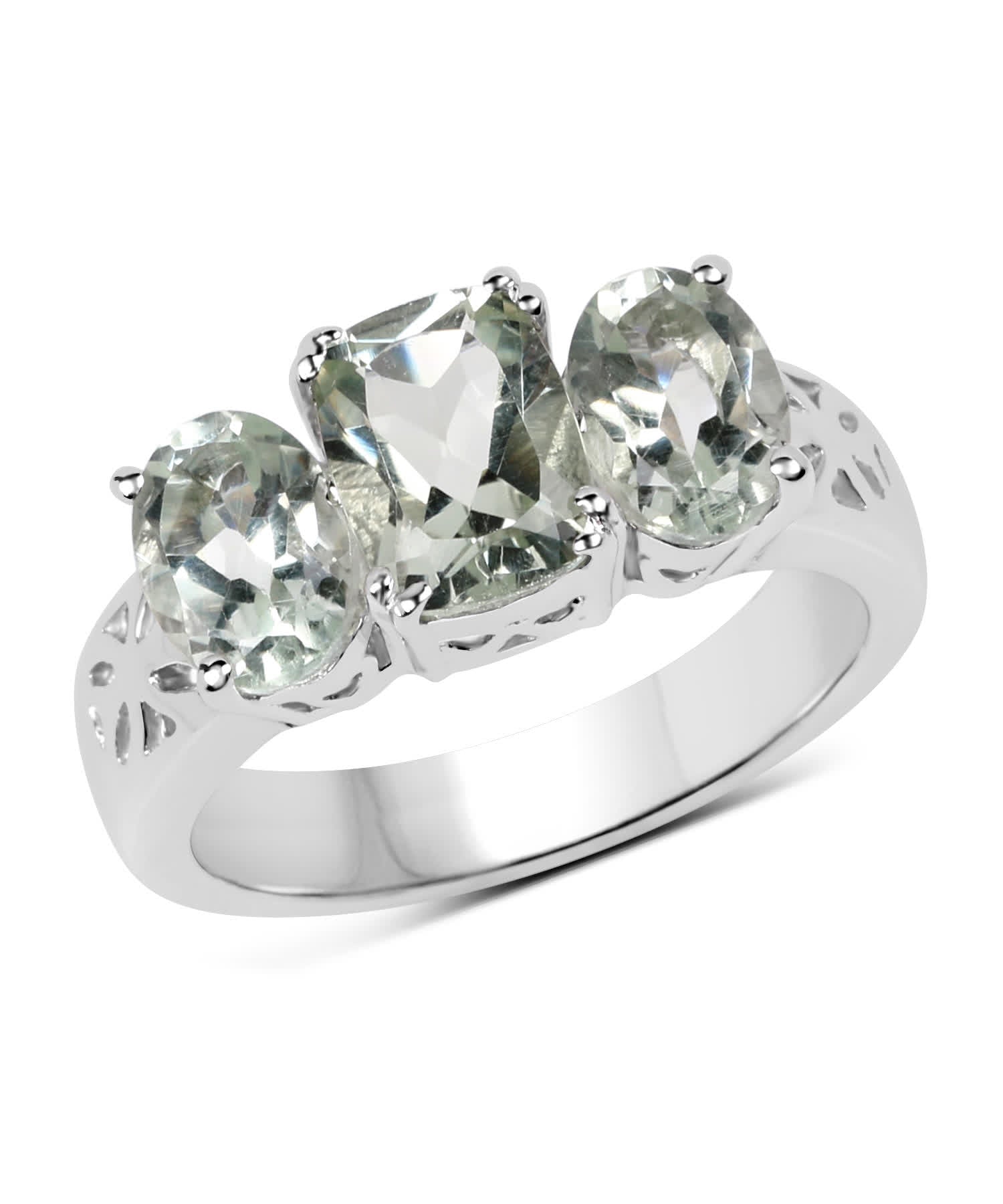 2.60 ctw Natural Green Amethyst Rhodium Plated 925 Sterling Silver Three-Stone Right Hand Ring View 1
