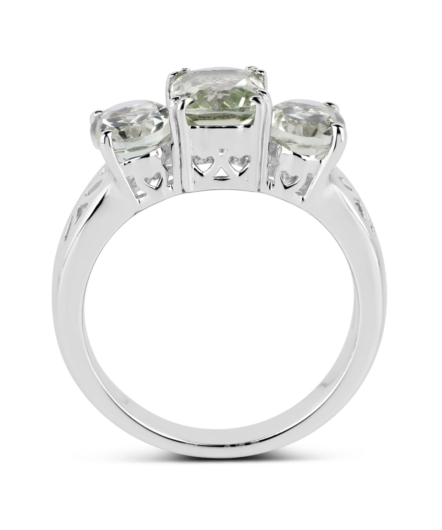 2.60 ctw Natural Green Amethyst Rhodium Plated 925 Sterling Silver Three-Stone Right Hand Ring View 2