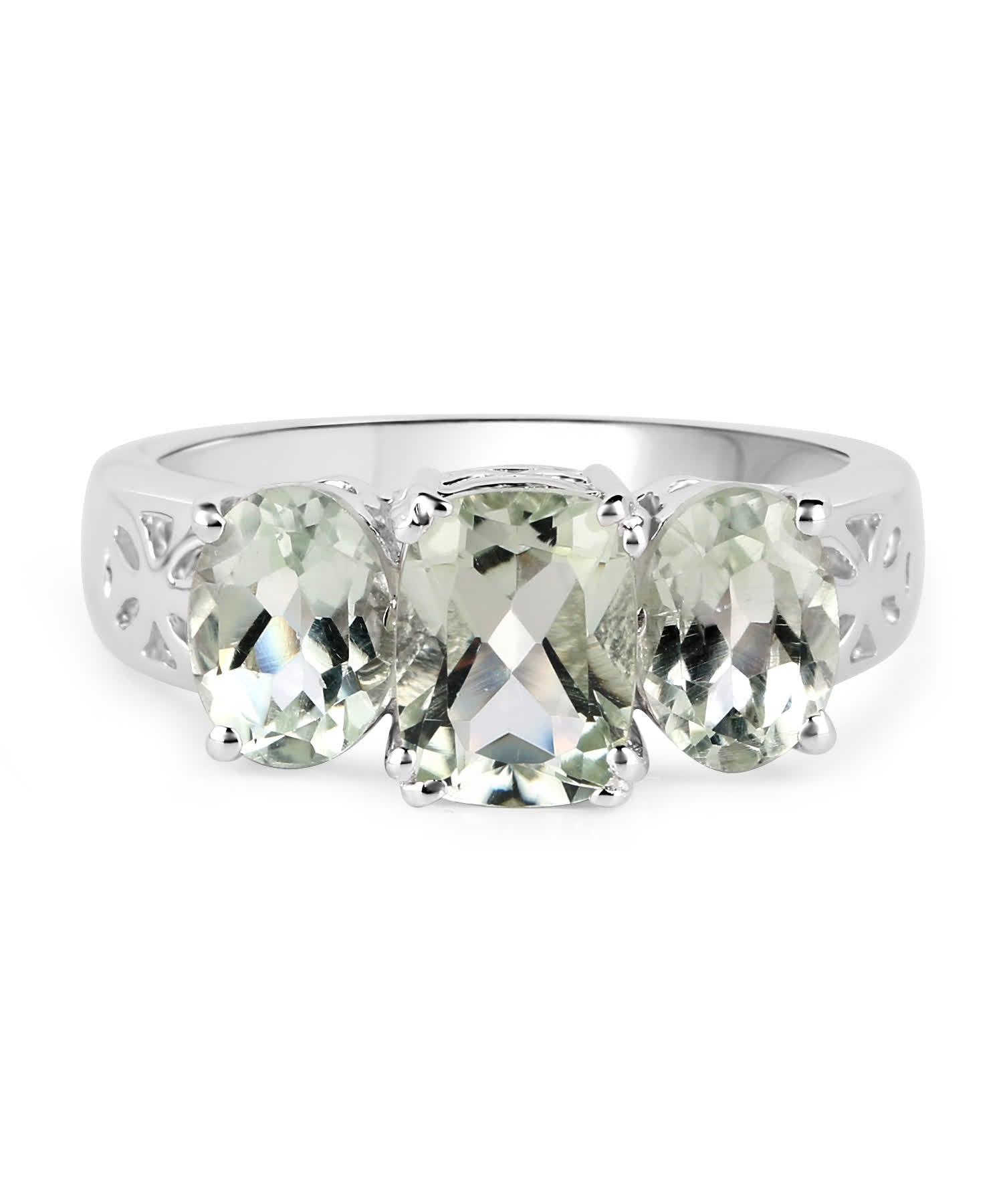 2.60 ctw Natural Green Amethyst Rhodium Plated 925 Sterling Silver Three-Stone Right Hand Ring View 3