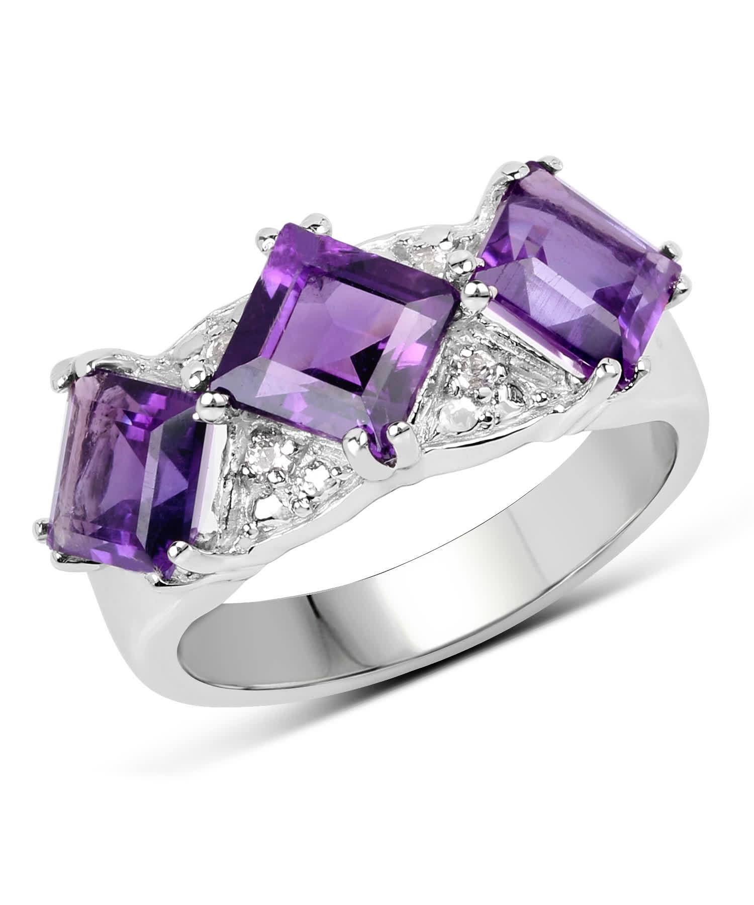 3.09ctw Natural Amethyst and Topaz Rhodium Plated 925 Sterling Silver Three-Stone Right Hand Ring View 1