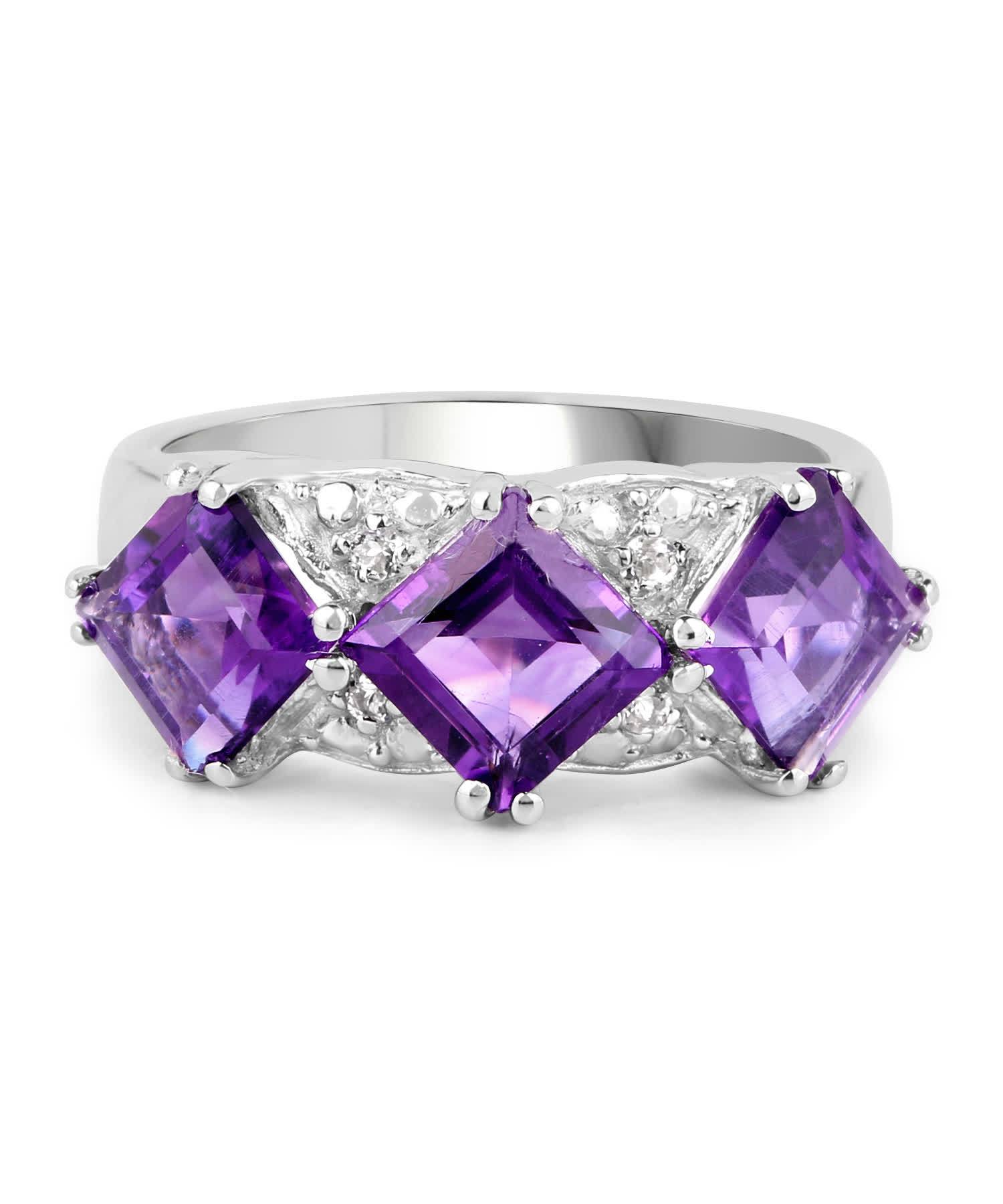 3.09ctw Natural Amethyst and Topaz Rhodium Plated 925 Sterling Silver Three-Stone Right Hand Ring View 3