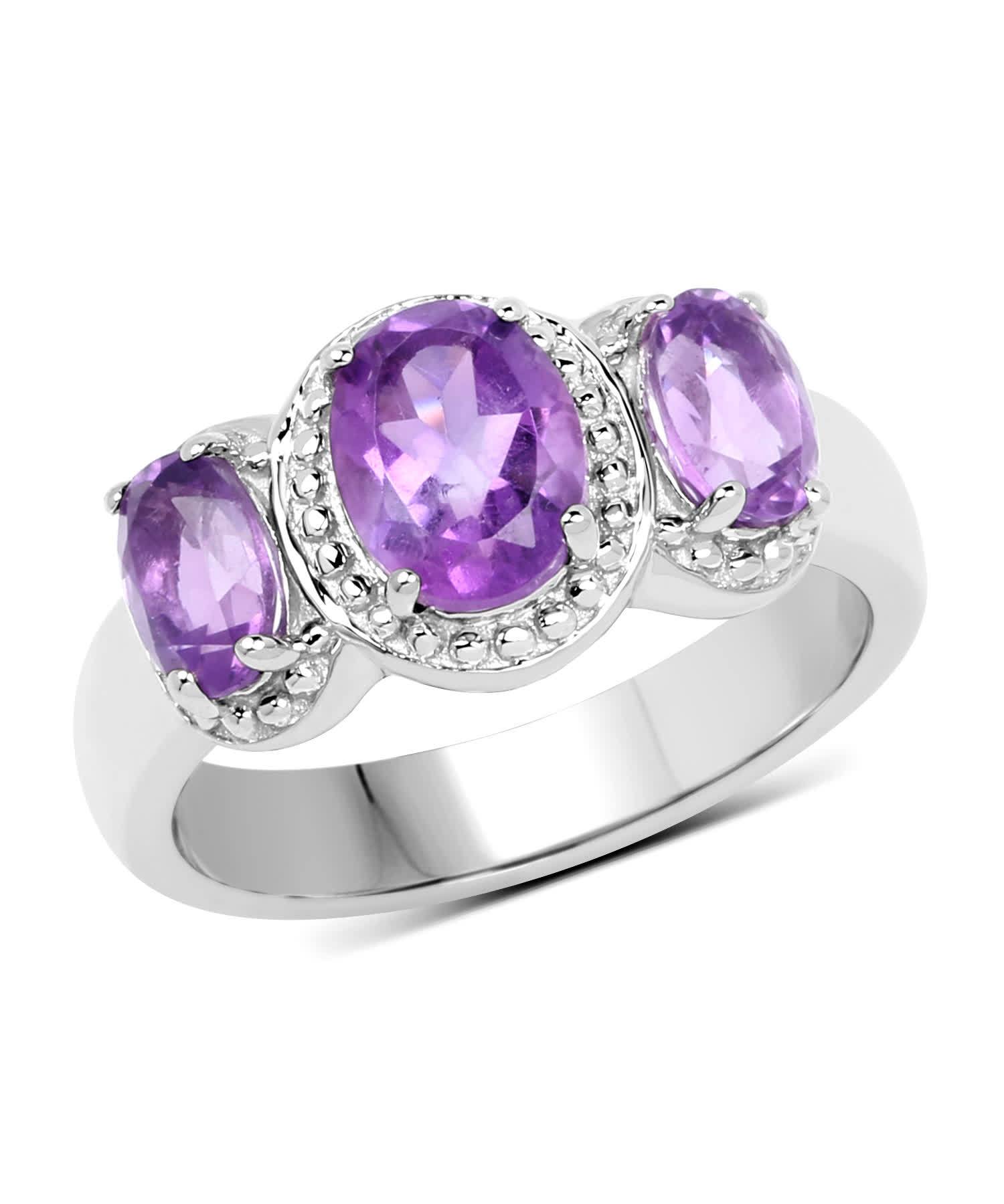 2.01ctw Natural Amethyst Rhodium Plated 925 Sterling Silver Fashion Three-Stone Ring View 1