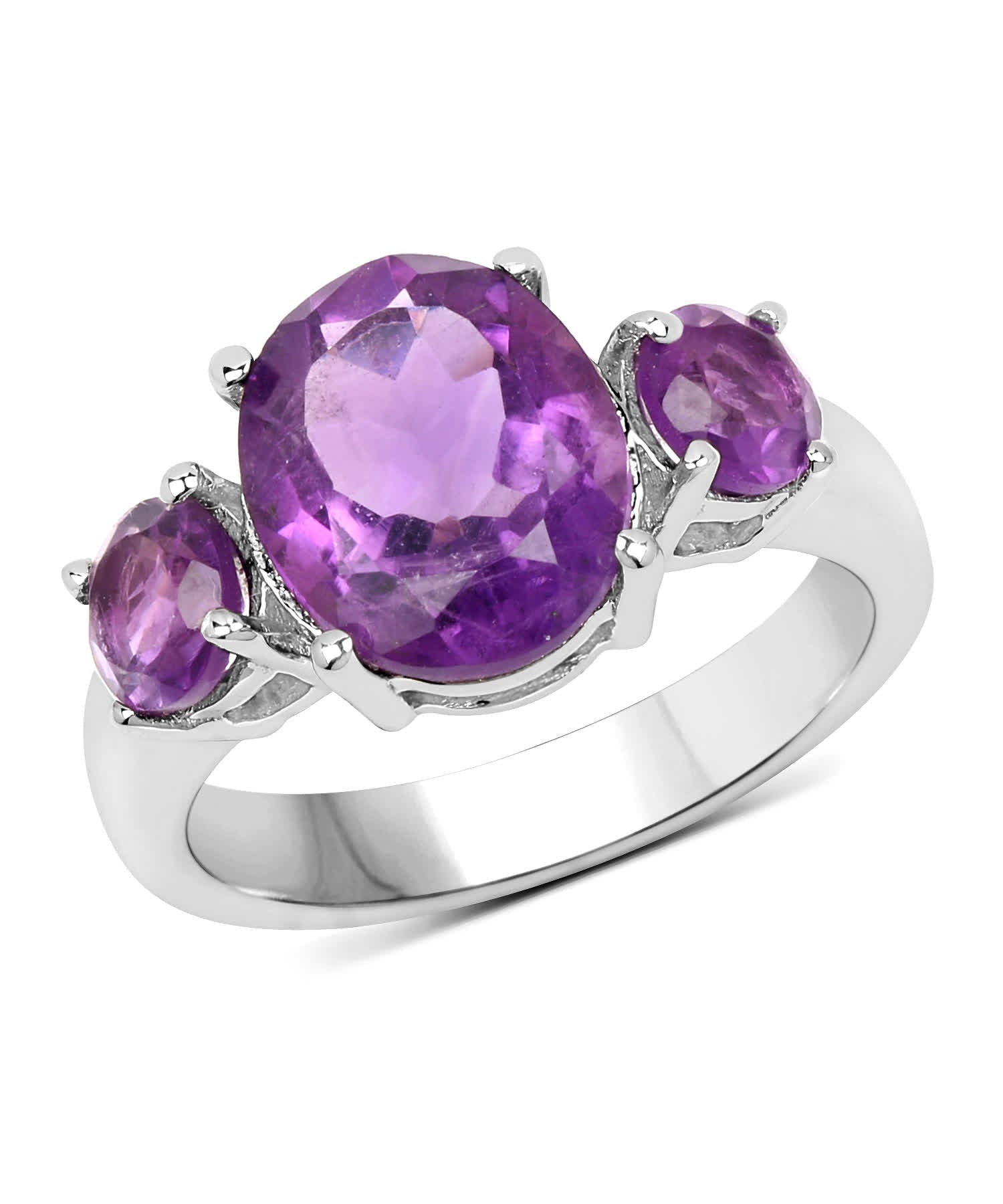 4.10 ctw Natural Amethyst Rhodium Plated 925 Sterling Silver Classic Three-Stone Ring View 1