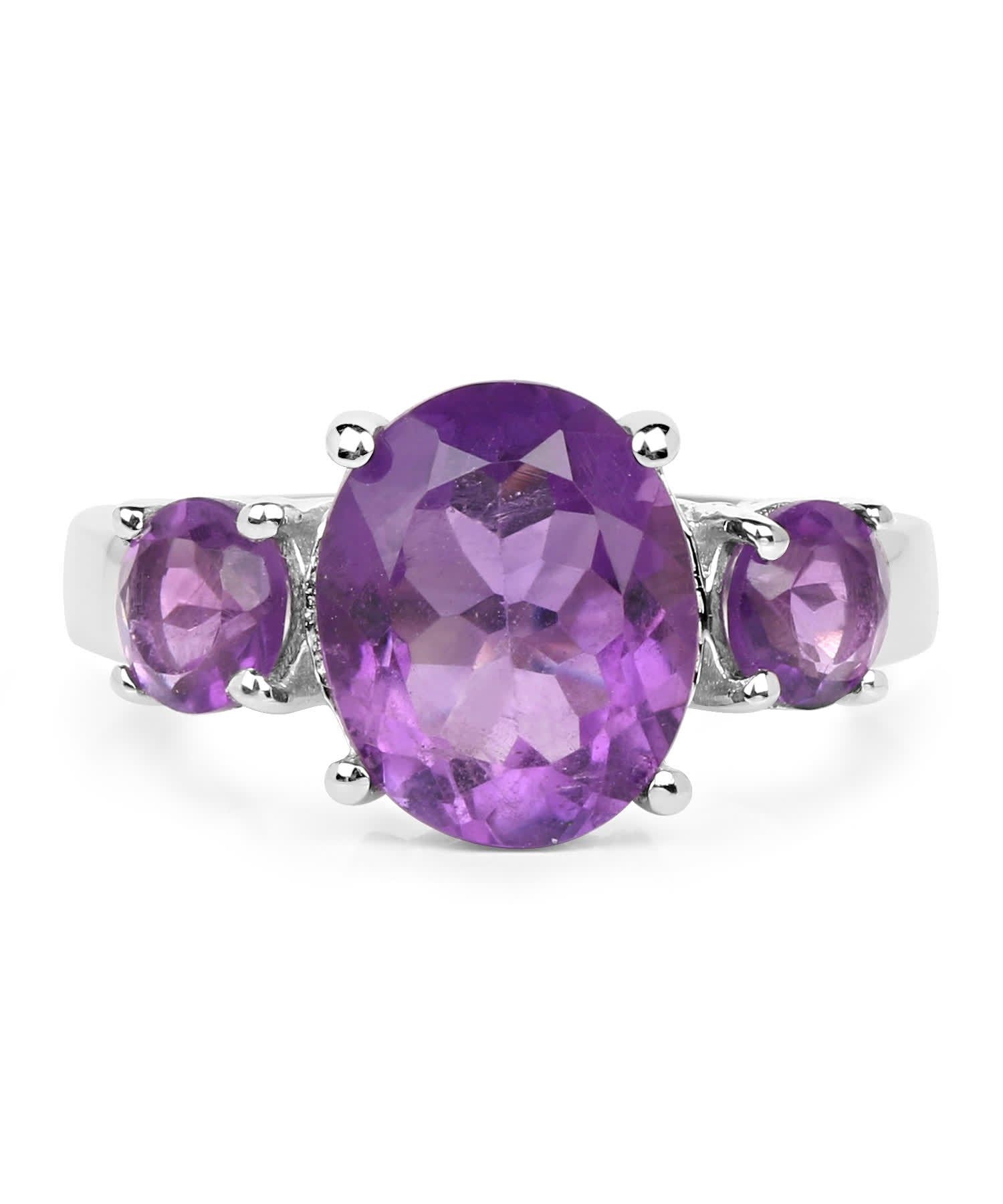 4.10 ctw Natural Amethyst Rhodium Plated 925 Sterling Silver Classic Three-Stone Ring View 3