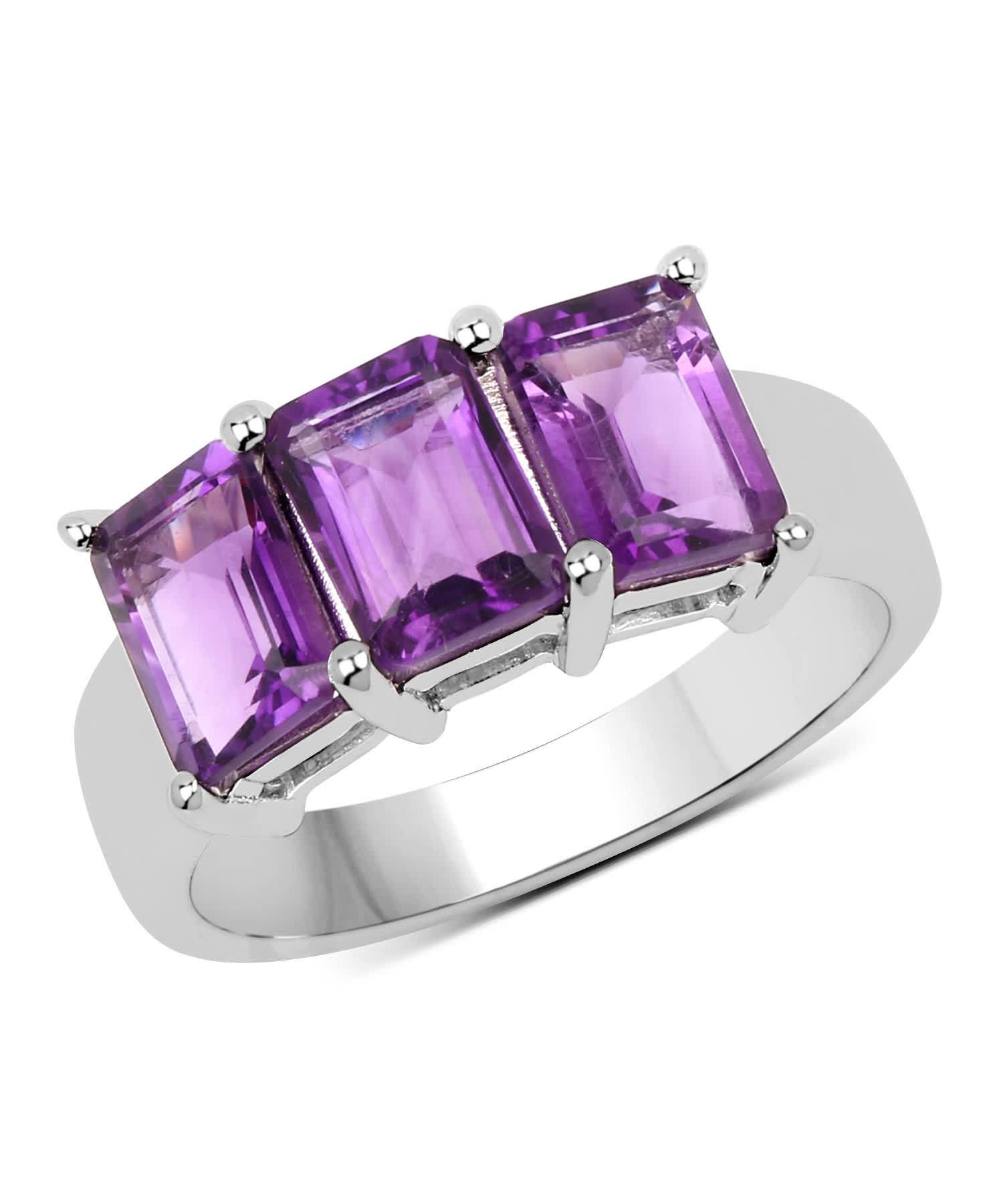 3.00ctw Natural Amethyst Rhodium Plated 925 Sterling Silver Classic Three-Stone Ring View 1