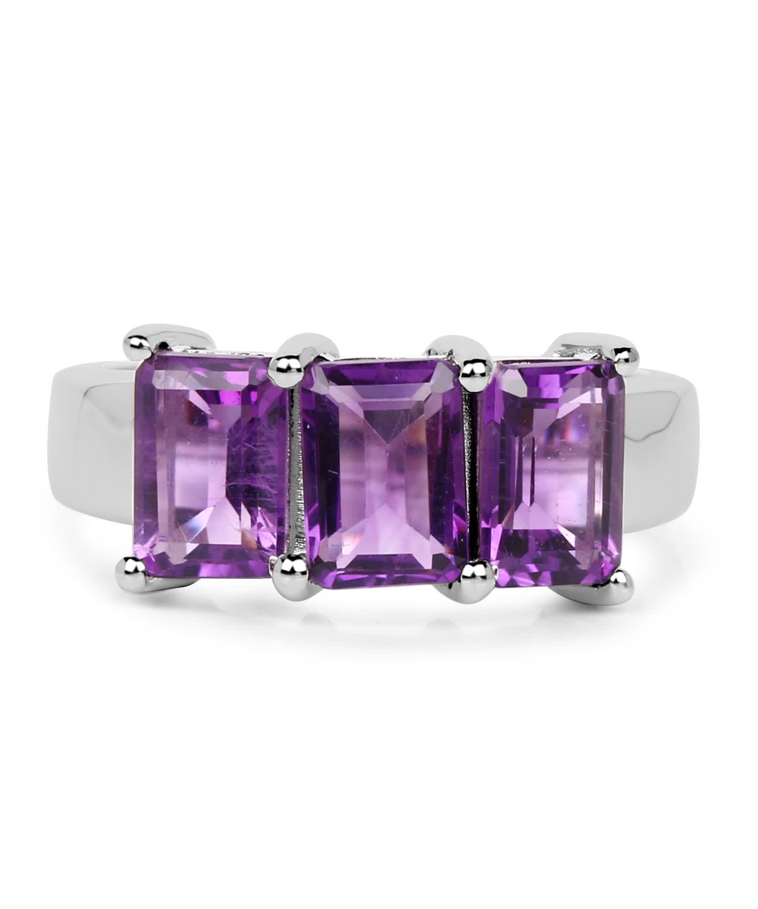 3.00ctw Natural Amethyst Rhodium Plated 925 Sterling Silver Classic Three-Stone Ring View 3