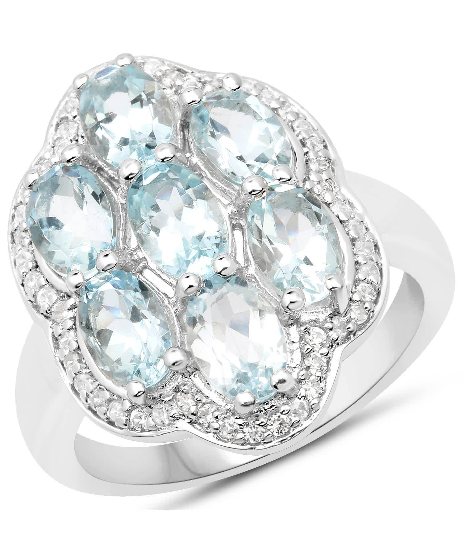 3.09ctw Natural Icy Sky Blue Aquamarine and Zircon Rhodium Plated 925 Sterling Silver Cocktail Ring View 1